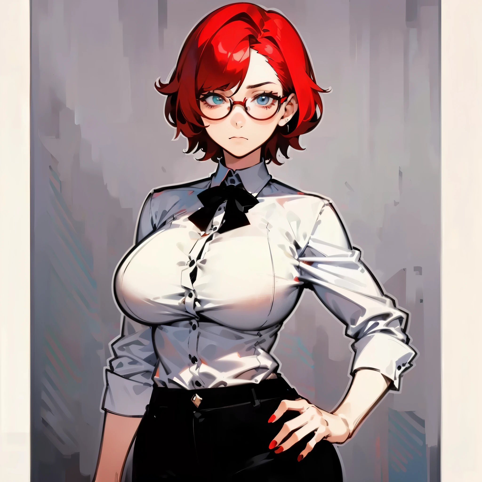 1woman, short messy red hair, turquoise eyes, glasses, medium breast, wide hips, white buttoned shirt, black tie, black pants, red nails, stoic face, solo, ((best quality)), ((masterpiece)), portrait, simple background, looking at the camera, from the front, ((detailed)), ((perfect anatomy)), ((detailed art)), ((high definition)), ((4k)), ((high resolution))