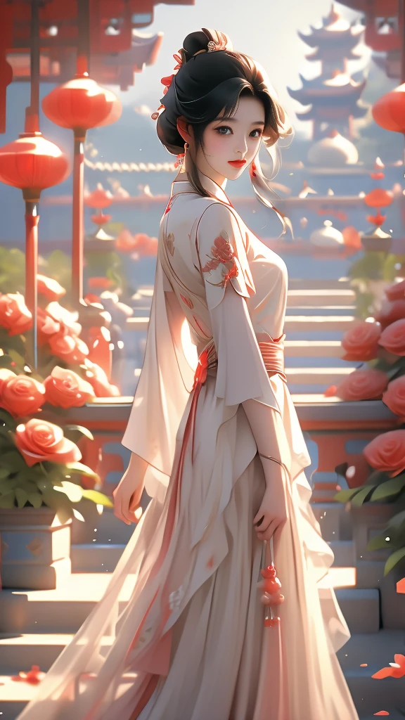 High quality image 8k resolution full camera HDR lens aperture f2.4 wide original f1.8 see full panorama a beautiful asian girl with long smooth black hair shooting fashion collections in a lively space behind the girl's back are beautiful pale red roses