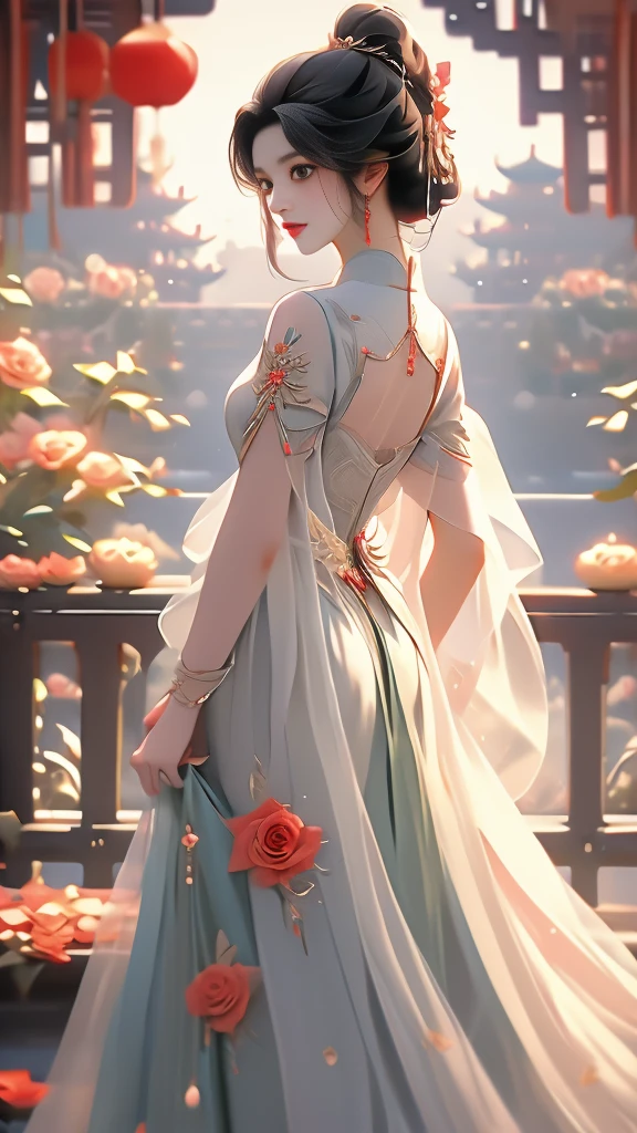 High quality image 8k resolution full camera HDR lens aperture f2.4 wide original f1.8 see full panorama a beautiful asian girl with long smooth black hair shooting fashion collections in a lively space behind the girl's back are beautiful pale red roses