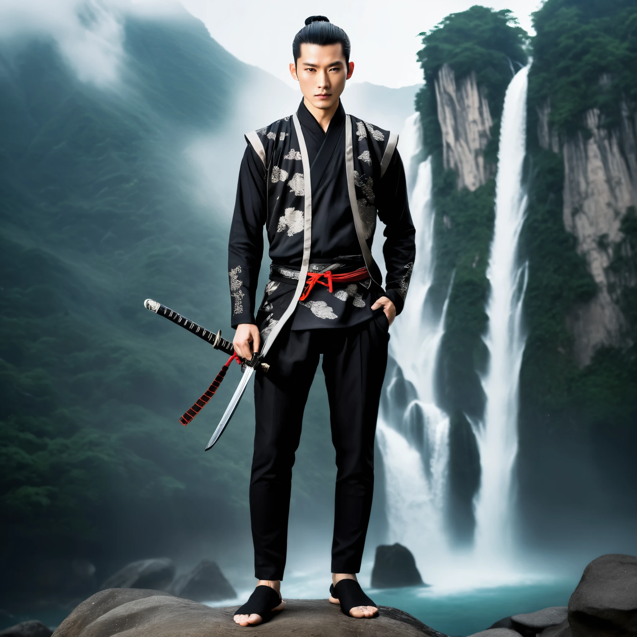 Martial arts stills,A Chinese knight wearing black Hanfu,Behind are mountains and waterfalls,holding sword,Zen