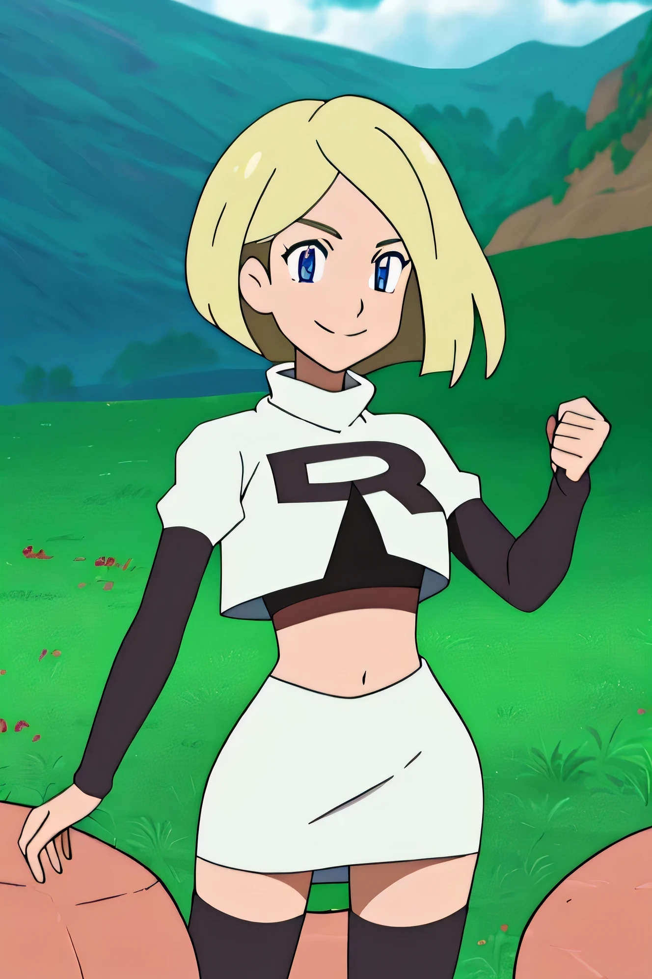 masterpiece,best quality,high res,high quality,8k, masterpiece,highres, team rocket uniform, red letter r, white skirt,white crop top,black thigh-high boots, black elbow gloves, evil smile, looking down at viewer, hands on hips, cowboy shot, zettai ryouiki,spread legs,from below, black panties,anime style, vivid colors, sharp focus, intense lighting,raine sage,white hair