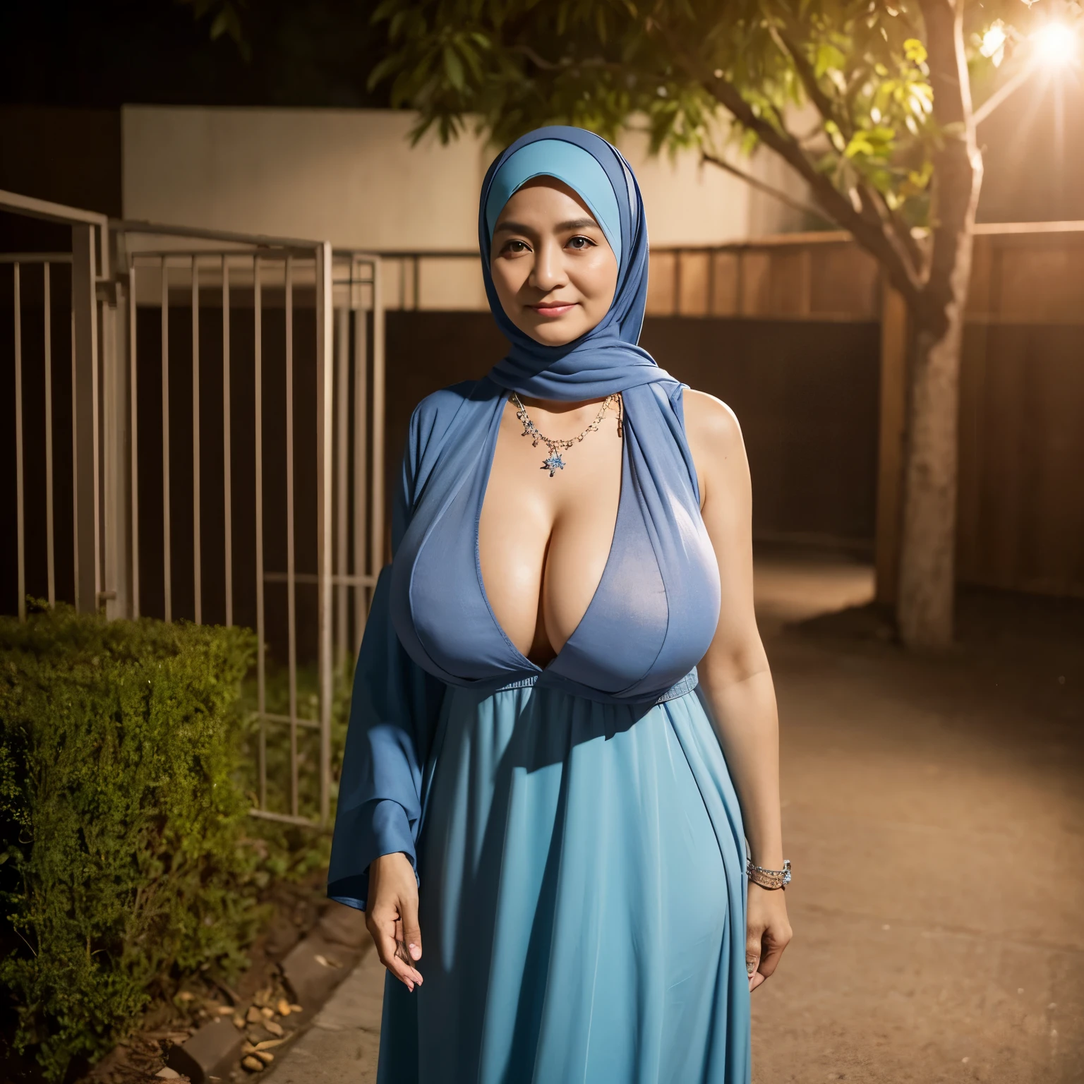 56 Years old, Indonesian mature woman, wearing Wide Hijab, perfect , (natural Gigantic breast : 1.6), gorgeous eyes, Soft smile, wear a Gamis, Tight Gamis, Diamond Necklace, Breast about to burst Out, Nightime walk, Excellent Soft light, Light