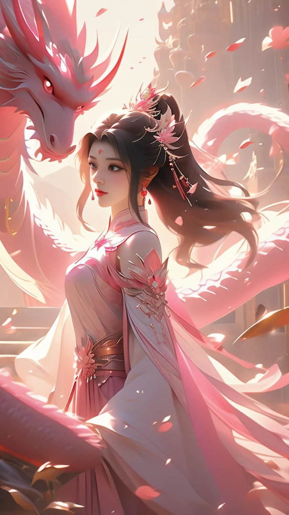 a woman in a pink dress standing next to a pink dragon, chinese fantasy, beautiful fantasy art, xianxia fantasy, very beautiful fantasy art, beautiful digital artwork, a beautiful fantasy empress, digital fantasy art ), amazing fantasy art, fantasy beautiful, breathtaking fantasy art, beautiful fantasy art portrait, dragon girl, ((a beautiful fantasy empress)), fantasy art style