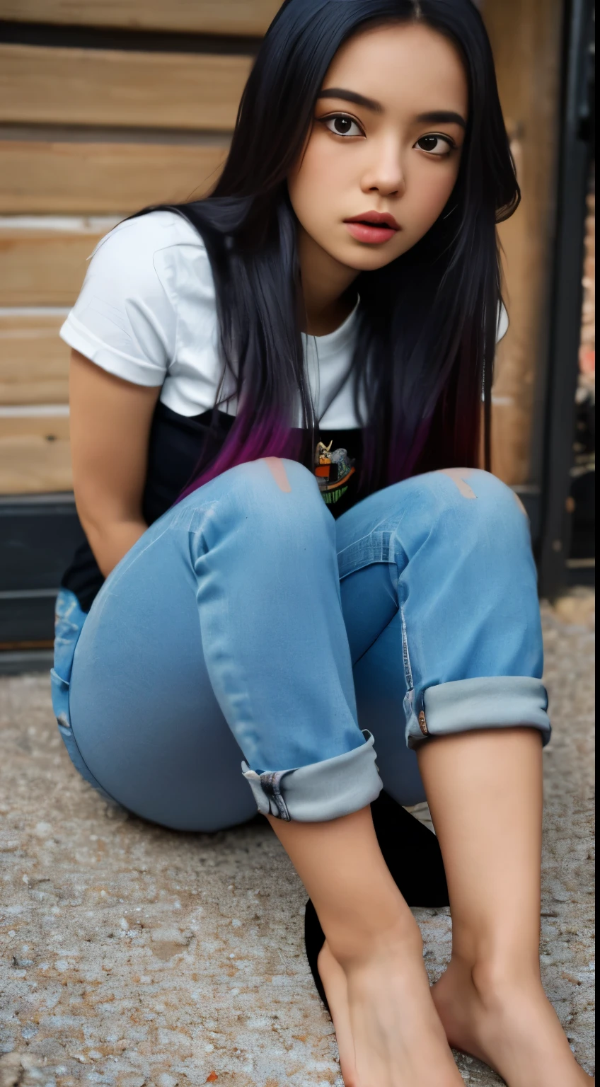 (((Girl, extremely detailed, extremely detailed legs, extremely detailed arms, extremely detailed face, perfectly detailed eyes, perfectly detailed))): ((solo)), huge thighs, curvature, thicc, capri skinny jeans, cropped plaid shirt, rolled up pants, rolled up sleeves, on knees, bare feet, 4kHD, ((fellatio on viewer's penis)), close up
