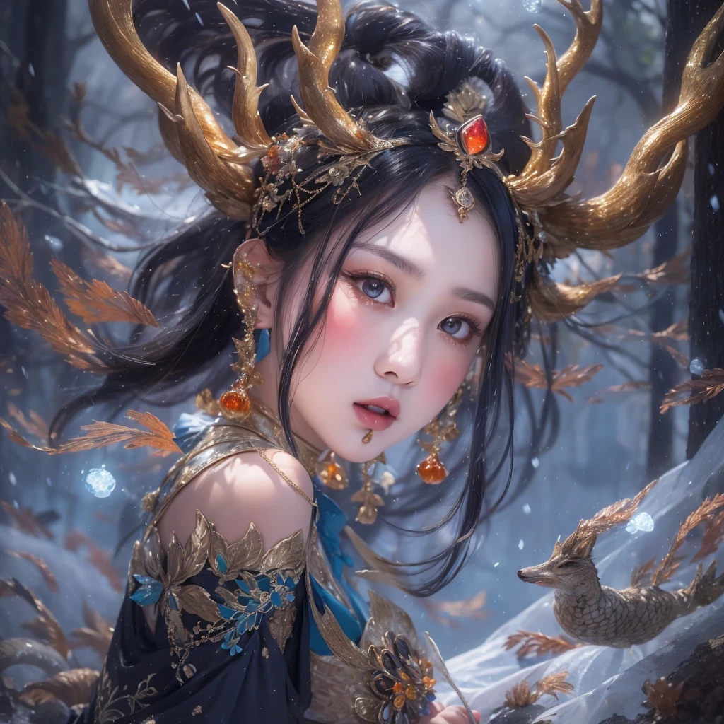 deer角飞天九尾浅蓝天师火焰毛deer星,novel,Torch Night Black Gold Orange Snake Print Silk Trousers,Rouge Diamond Tulle Sheer Lizard Print,Fat girl flying in space in the snow 1:900 miniatures,Front view,pure transparency,put on boxing gloves,佩戴金框反Light太阳镜,Panoramic super wide angle,very happy,Authentic and delicate texture,Strong visual impact,super detailed,dream girl,delicate face型,beautiful eyes,Hair floating in the air, cherry style,Zhou Xiaotong,crystal clear,Good sense of perspective,Light影效果,16KLight滑,surface reflected Light,flowing black hair,Water Goddess 32K,complicated,grace,Very detailed,Gorgeous,digital photography,Autumn Cowboy Shooting,Surrealism,broken ruby,defeat magic,Water magic entanglement,(masterpiece,Light,beautiful eyes:1.2),high dynamic range,void 5 energy storm,(china 1 girl,black eyes:1.5),rouge skin,发Light的皮肤,(sit on stone:1.5),delicate face,black hair,穿上Gorgeous金色铠甲,take off shoulders,deer,short skirt,beautiful golden armor,it'it'It's raining,beautiful,Don't look at the audience,Turn your back to the camera,masterpiece,side,side portrait close-up