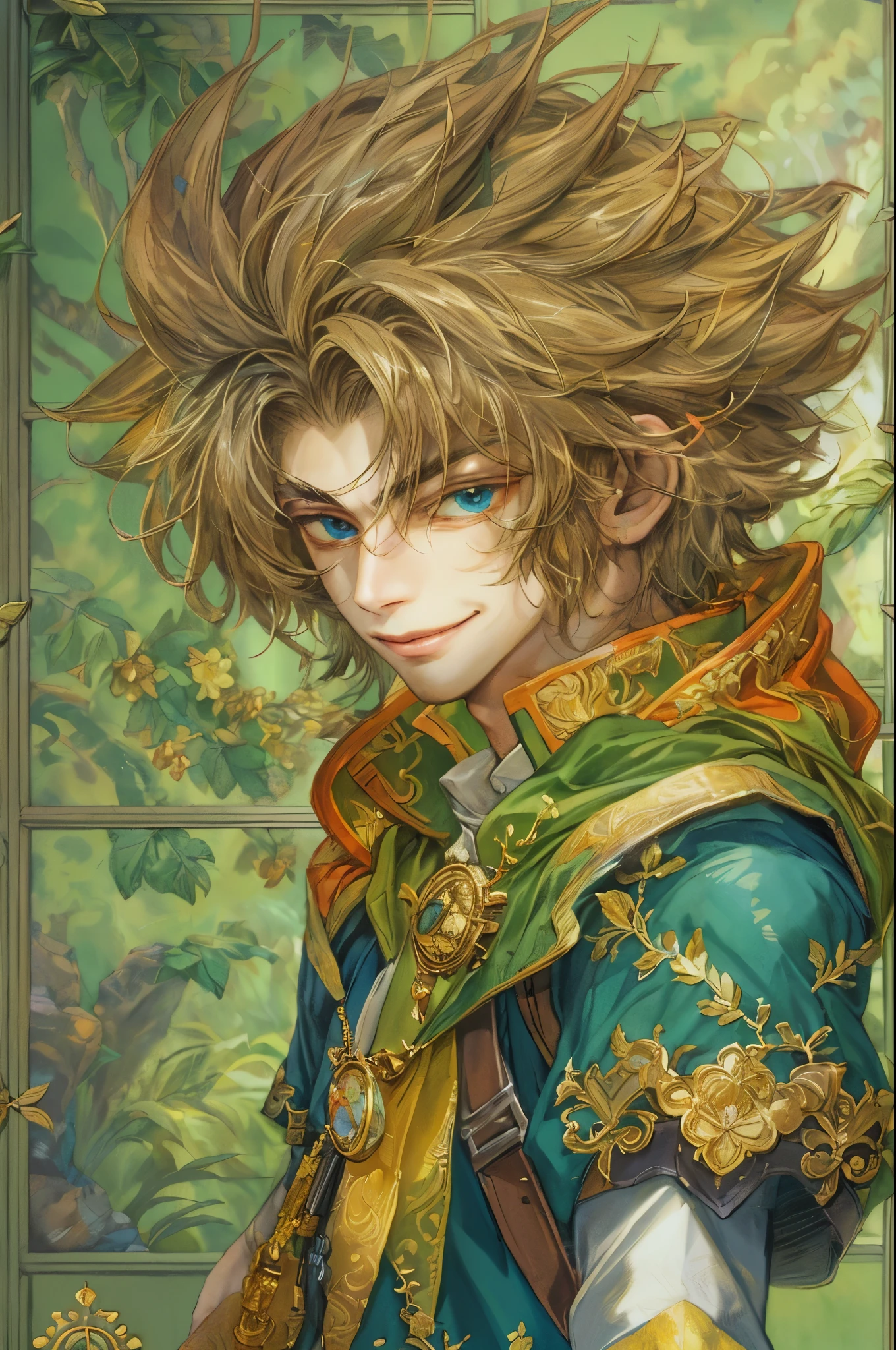 (((absurdres, highres, ultra detailed, perfect face), 1 male, front view, teen boy, handsome boy villain character from legend of mana, short hair, anime eyes, casual clothes with colorful details, eyes on the viewer, add red details to picture and smirk, dimples, extremely detailed CG unity 8k wallpaper, add blue details on side, intricate details and add yellow details on left, detailed interior item shop, weapon ornaments on walls, beside the window, detailed scenery