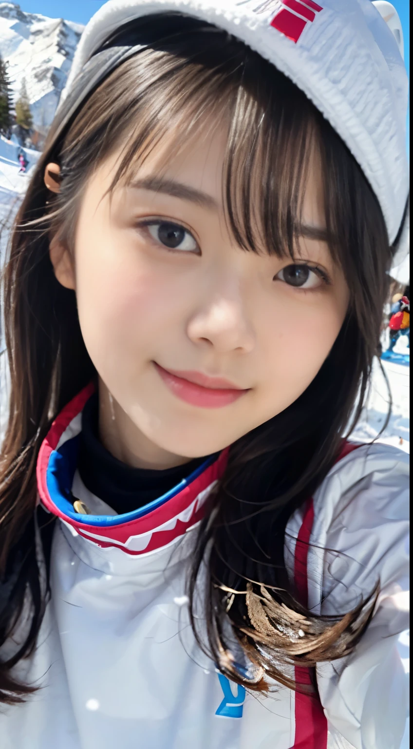 (Close up portrait of one girl with slender small breast and long hair dressed in colorful ski clothes。:1.5)、(A girl skiing with her face raised :1.5)、(snow ski garden:1.5)、(Beautiful sunset red sky 1.5)、(perfect anatomy:1.3)、(no mask:1.3)、(full finger:1.3)、Photoreal、Raw photo、table top、highest quality、High resolution、delicate and beautiful、perfect face、detailed and beautiful eyes、Fair skin、real human skin、pores、((thin legs))、(black hair)