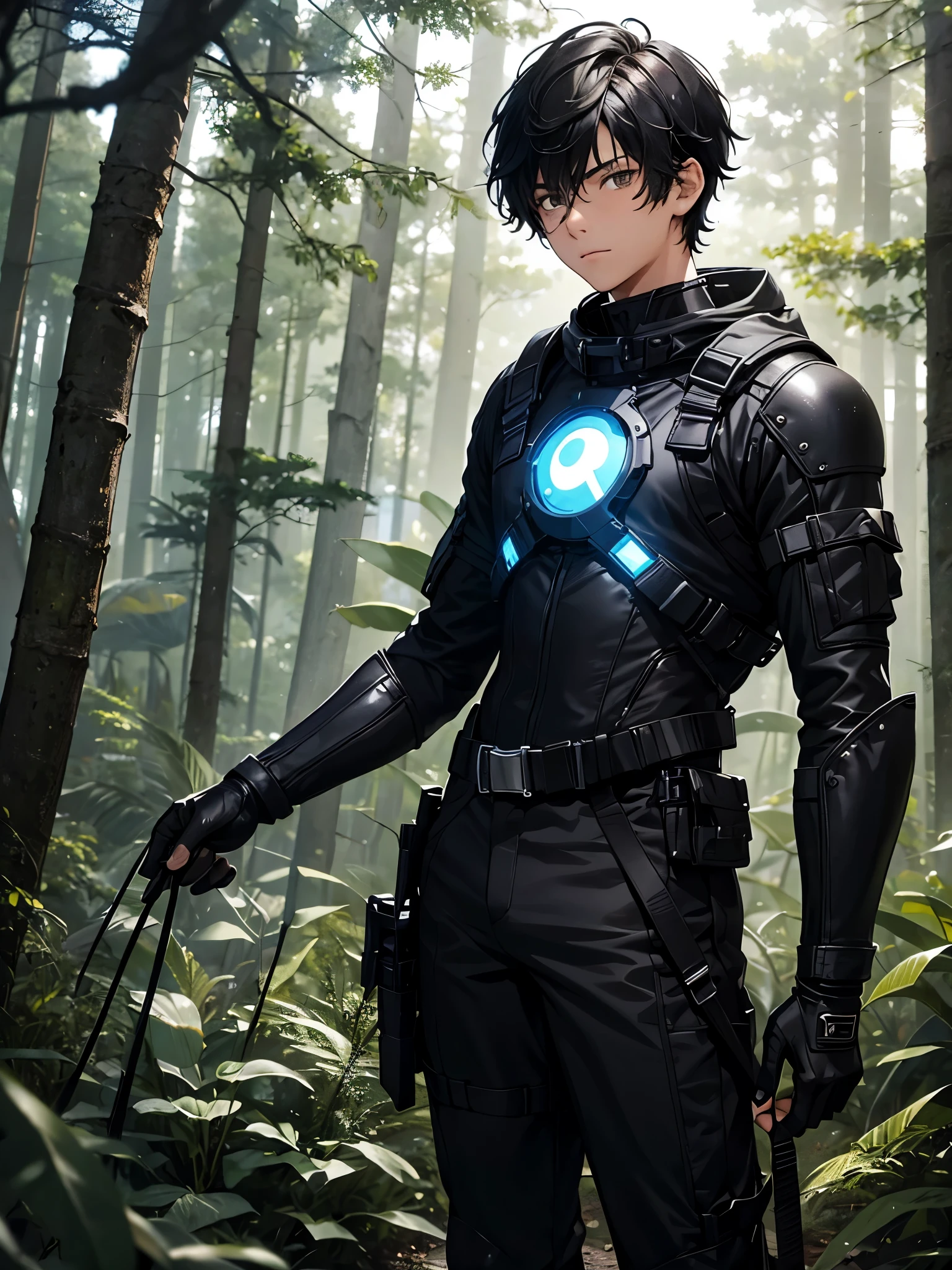 -yeld teblack hair, handsome, messy short hair, fair skin, in the forest, wearing a black costume of a space warrior