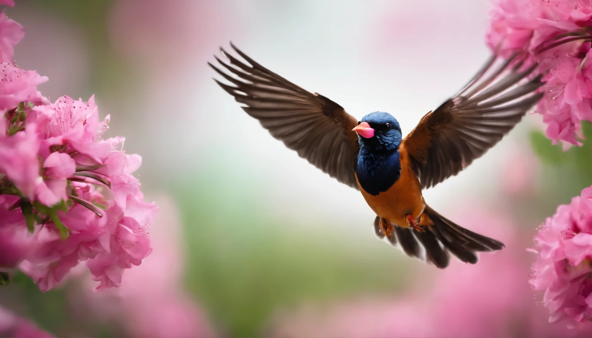 Beautiful bird flying on a pink flower