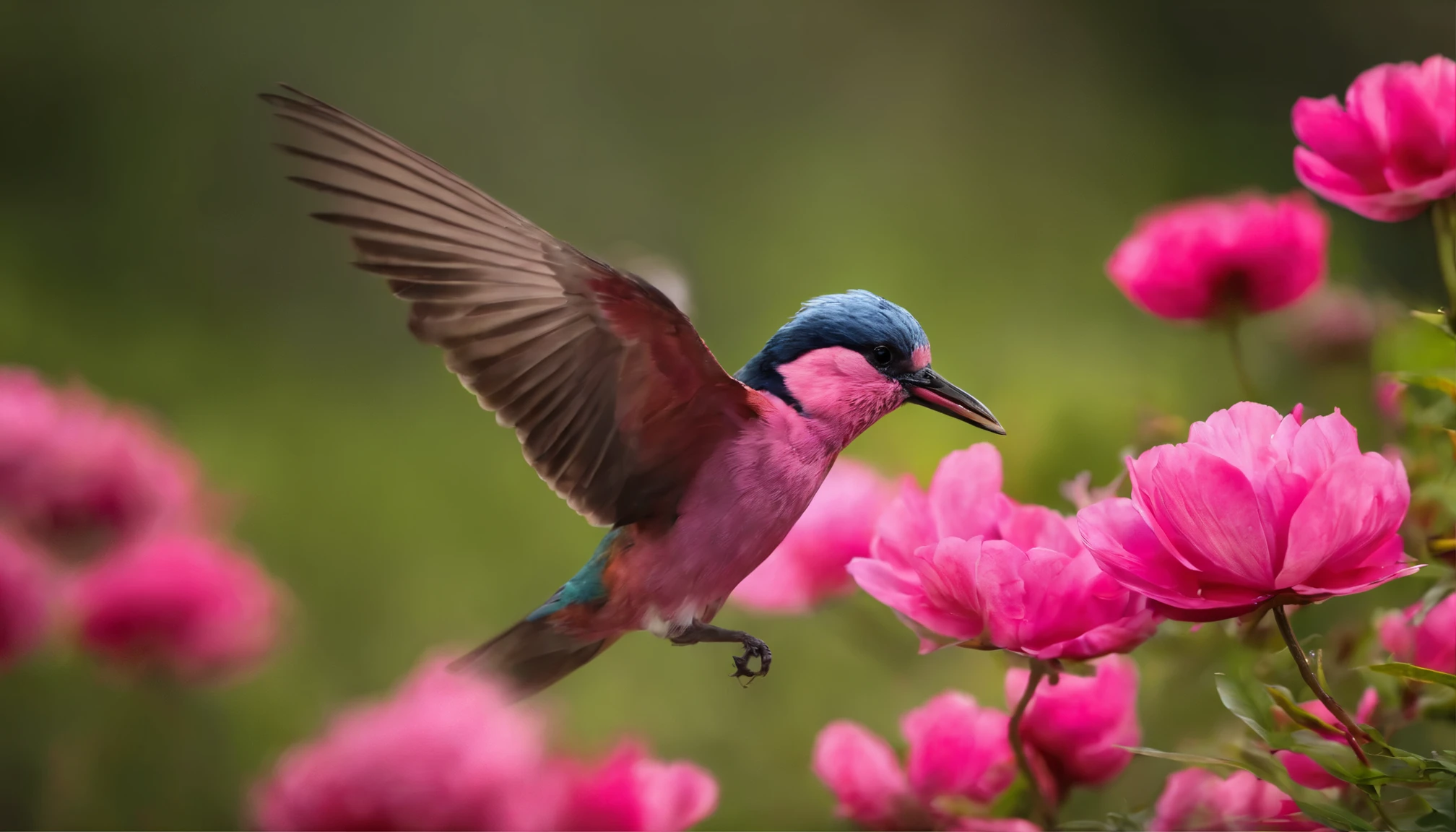 Beautiful bird flying on a pink flower