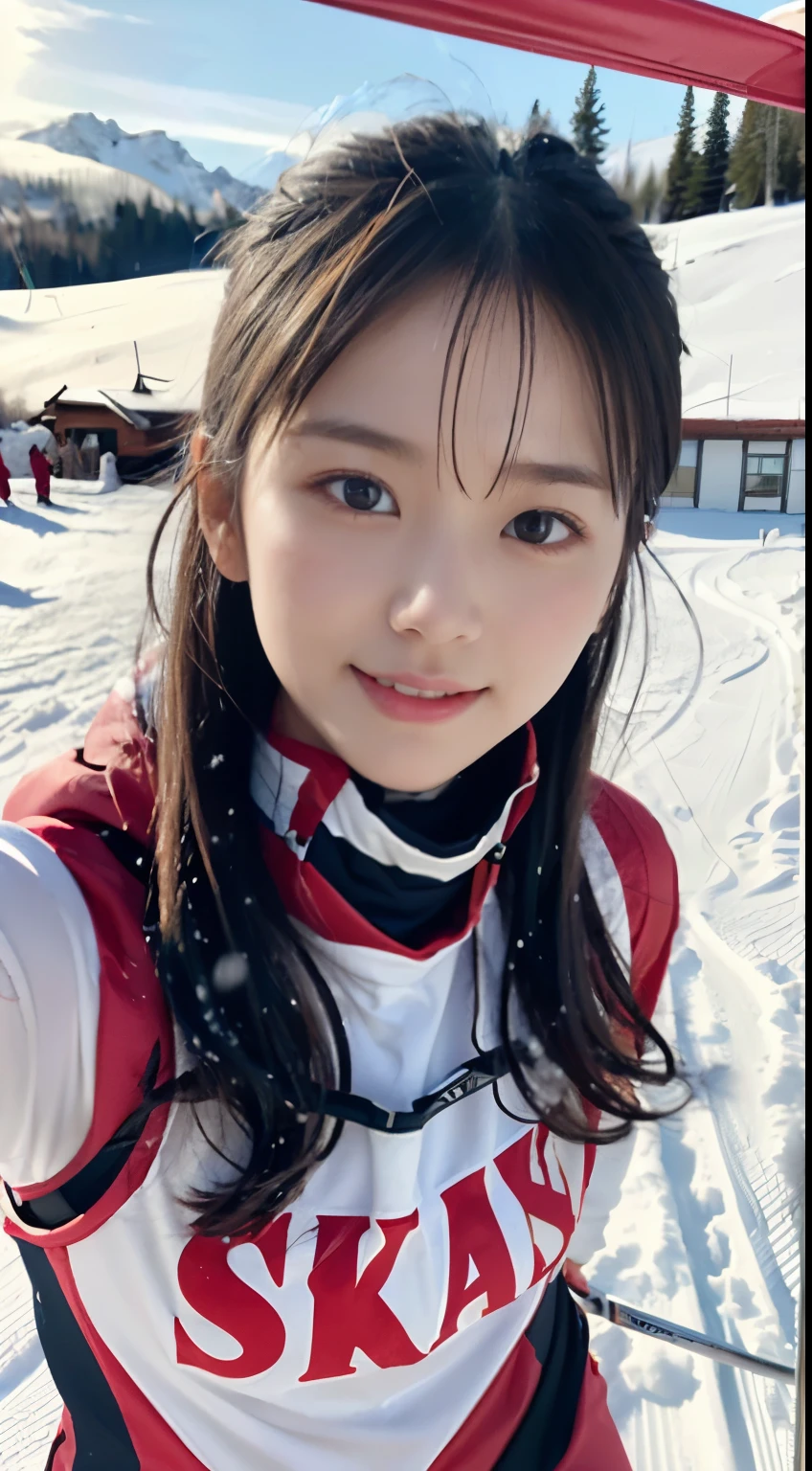 (Close up portrait of one girl with slender small breast and long hair dressed in colorful ski clothes。:1.5)、(A girl skiing with her face raised :1.5)、(snow ski garden:1.5)、(Beautiful sunset red sky 1.5)、(perfect anatomy:1.3)、(no mask:1.3)、(full finger:1.3)、Photoreal、Raw photo、table top、highest quality、High resolution、delicate and beautiful、perfect face、detailed and beautiful eyes、Fair skin、real human skin、pores、((thin legs))、(black hair)