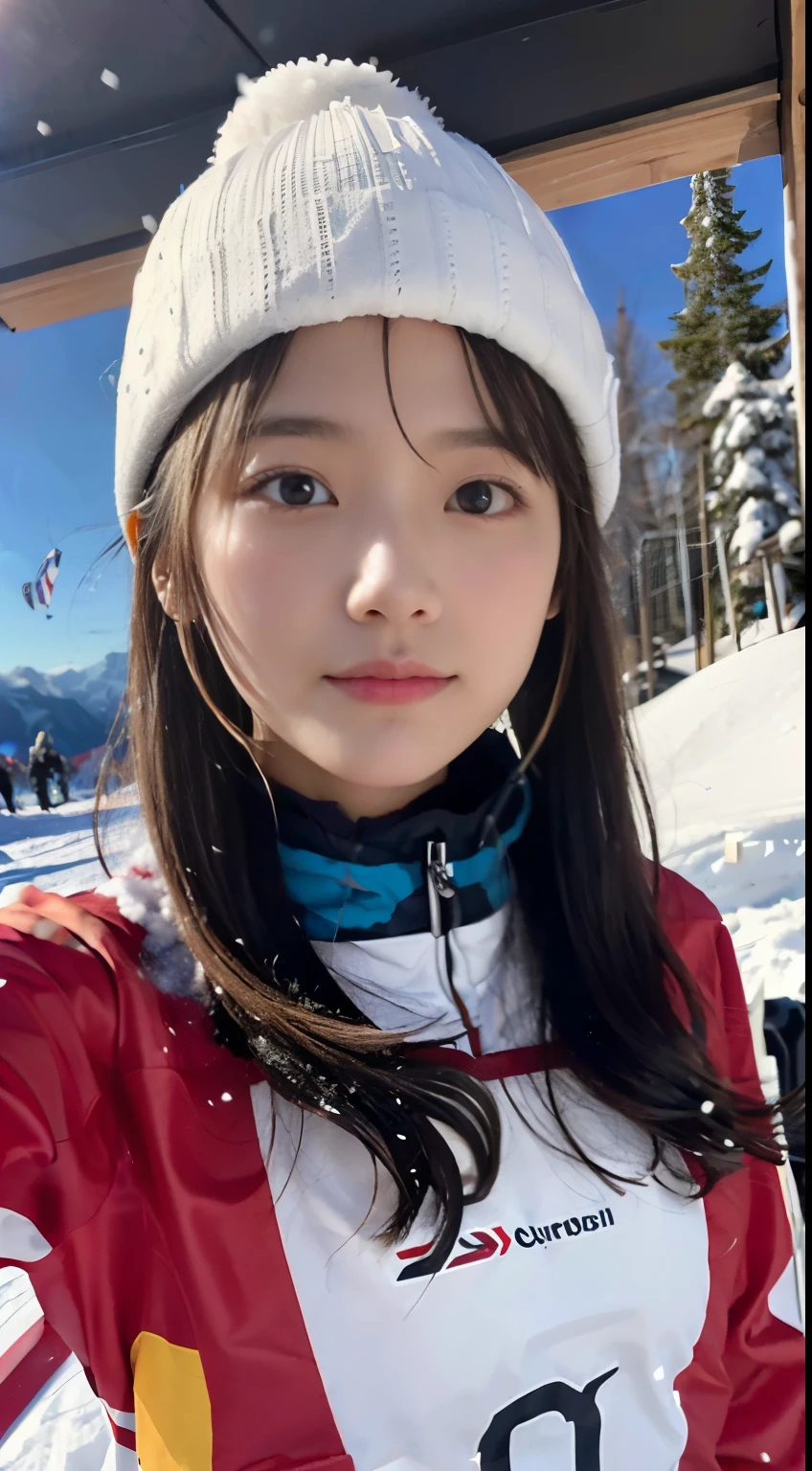 (Close up portrait of one girl with slender small breast and long hair dressed in colorful ski clothes。:1.5)、(A girl skiing with her face raised :1.5)、(snow ski garden:1.5)、(Beautiful sunset red sky 1.5)、(perfect anatomy:1.3)、(no mask:1.3)、(full finger:1.3)、Photoreal、Raw photo、table top、highest quality、High resolution、delicate and beautiful、perfect face、detailed and beautiful eyes、Fair skin、real human skin、pores、((thin legs))、(black hair)
