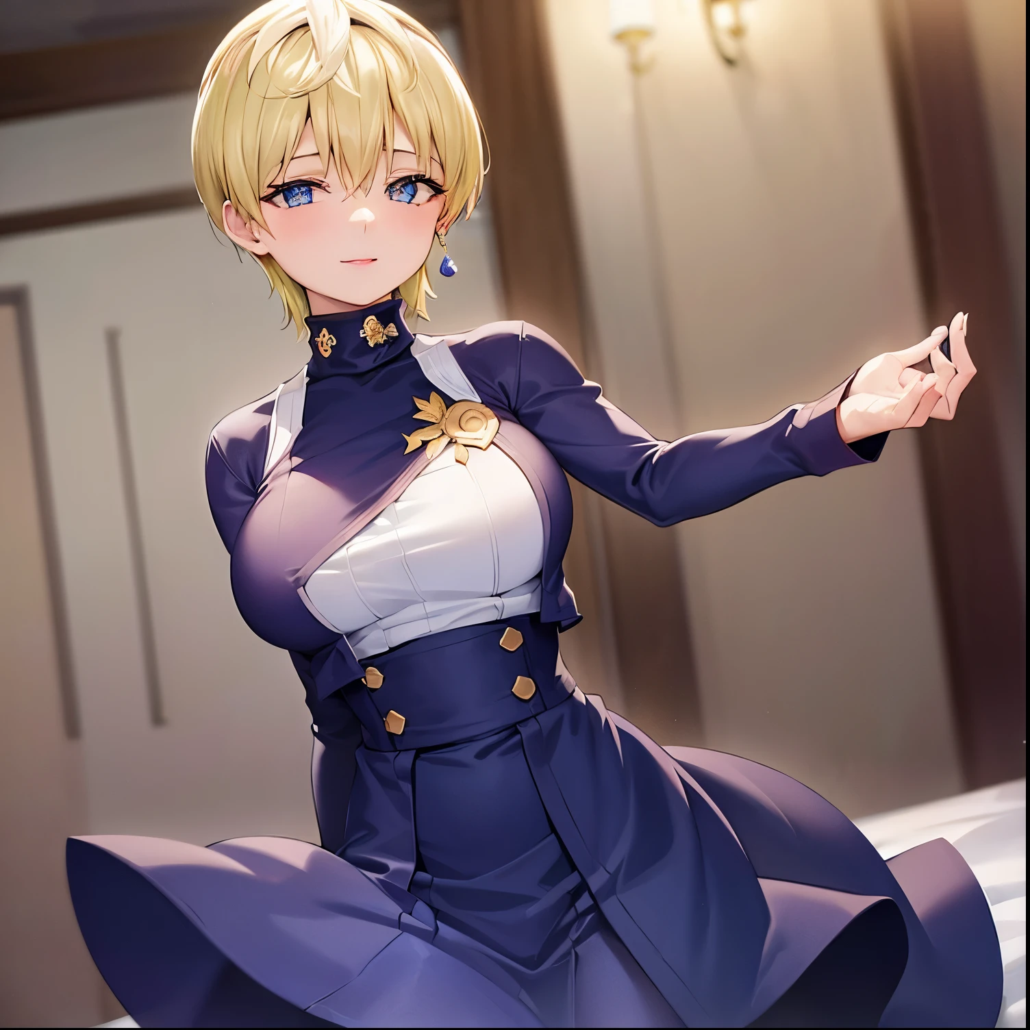 1girl,alone,tenka izumo, short hair, blue eyes, blonde hair, smile, skirt, long sleeves, jewelry, pantyhose, earrings, vest, sweater, turtleneck, turtleneck sweater,
 indoors, bed, looking at viewer, (cowboy shot:1.5), (masterpiece:1.2), best quality, high resolution, unity 8k wallpaper, (illustration:0.8), (beautiful detailed eyes:1.6), extremely detailed face, perfect lighting, extremely detailed CG, (perfect hands, perfect anatomy),