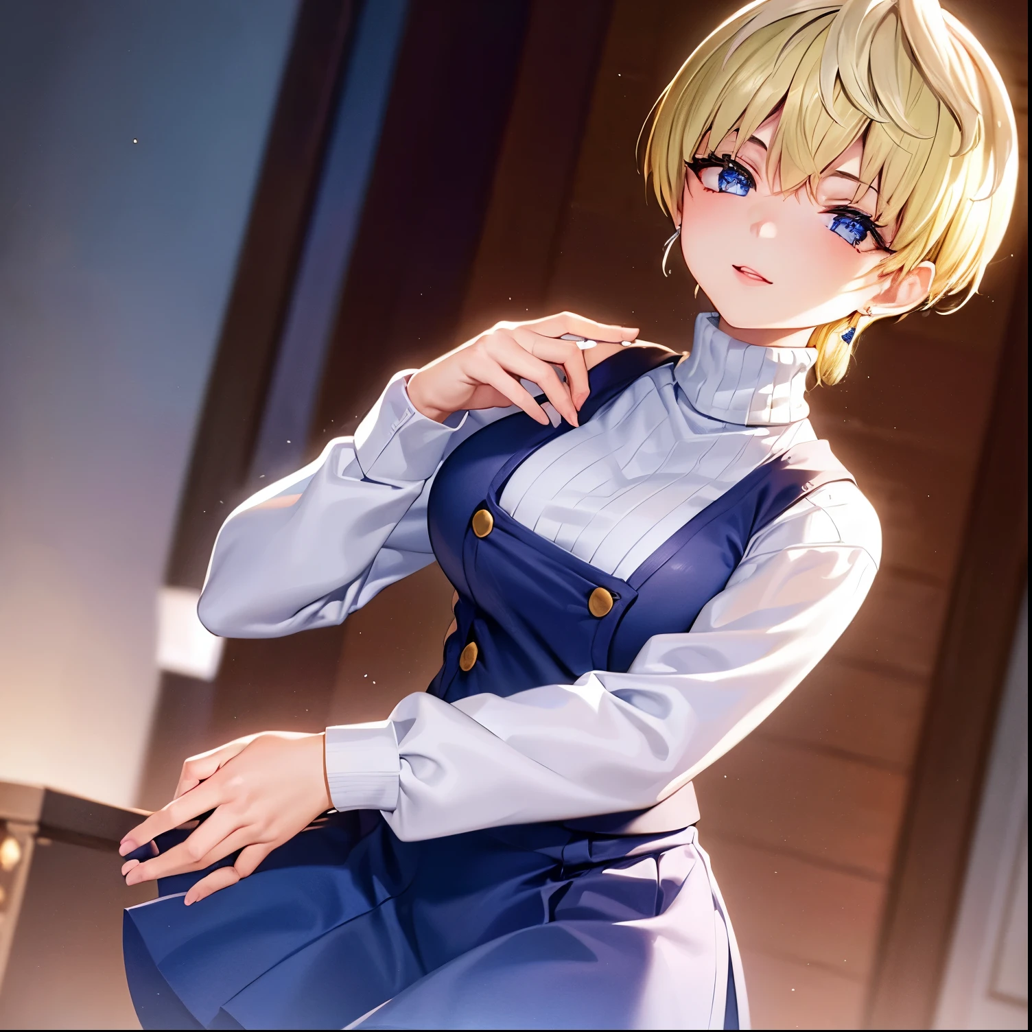 1girl,alone,tenka izumo, short hair, blue eyes, blonde hair, smile, skirt, long sleeves, jewelry, pantyhose, earrings, vest, sweater, turtleneck, turtleneck sweater,
 indoors, bed, looking at viewer, (cowboy shot:1.5), (masterpiece:1.2), best quality, high resolution, unity 8k wallpaper, (illustration:0.8), (beautiful detailed eyes:1.6), extremely detailed face, perfect lighting, extremely detailed CG, (perfect hands, perfect anatomy),