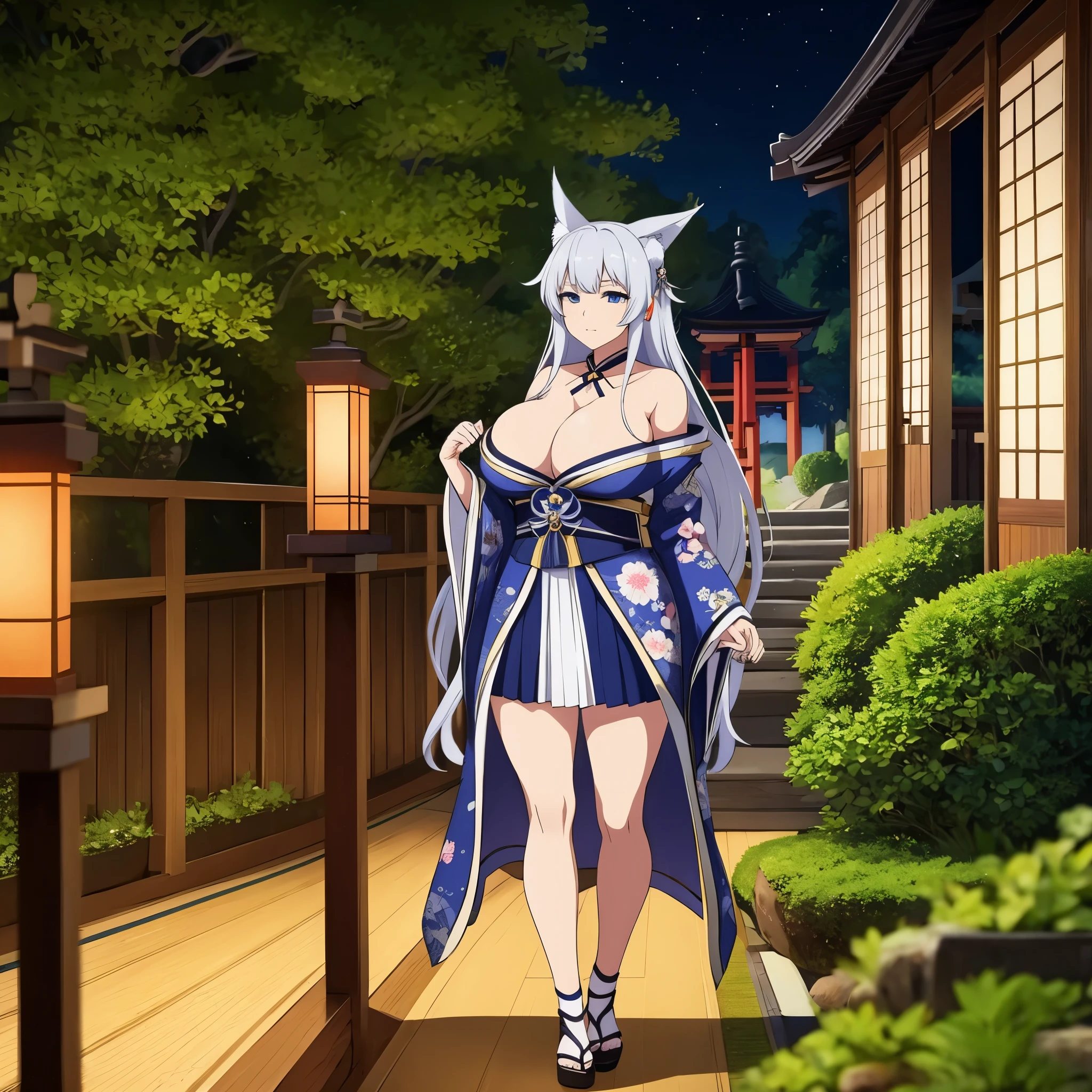 A kitsune woman, with short skirt kimono, silver hair, long hair, in a Japanese garden, big breasts, blue eyes, kitsune ear