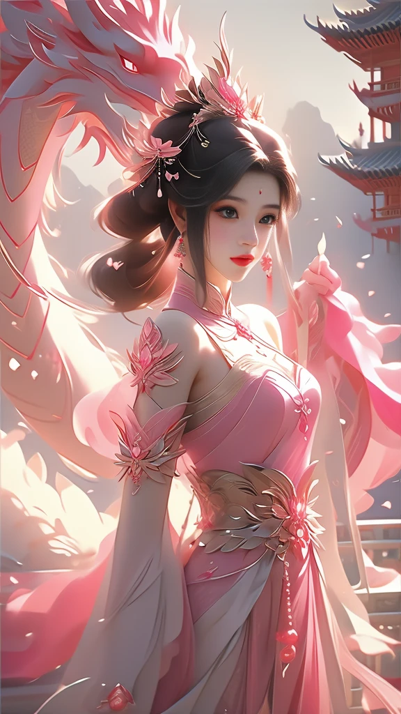 a woman in a pink dress standing next to a pink dragon, chinese fantasy, beautiful fantasy art, xianxia fantasy, very beautiful fantasy art, beautiful digital artwork, a beautiful fantasy empress, digital fantasy art ), amazing fantasy art, fantasy beautiful, breathtaking fantasy art, beautiful fantasy art portrait, dragon girl, ((a beautiful fantasy empress)), fantasy art style