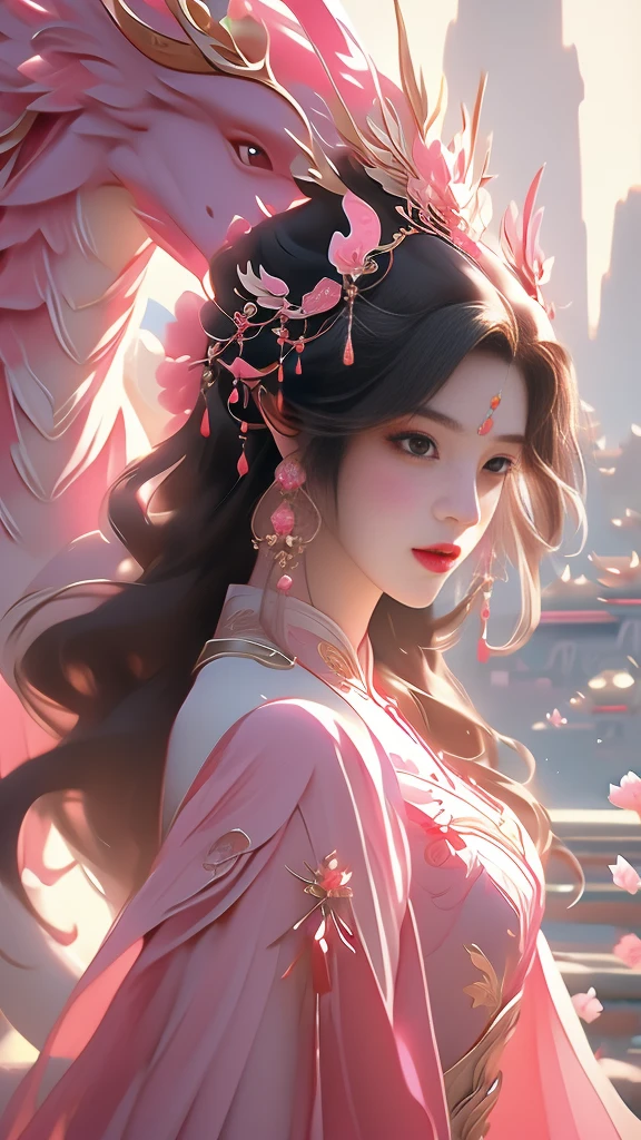 a woman in a pink dress standing next to a pink dragon, chinese fantasy, beautiful fantasy art, xianxia fantasy, very beautiful fantasy art, beautiful digital artwork, a beautiful fantasy empress, digital fantasy art ), amazing fantasy art, fantasy beautiful, breathtaking fantasy art, beautiful fantasy art portrait, dragon girl, ((a beautiful fantasy empress)), fantasy art style