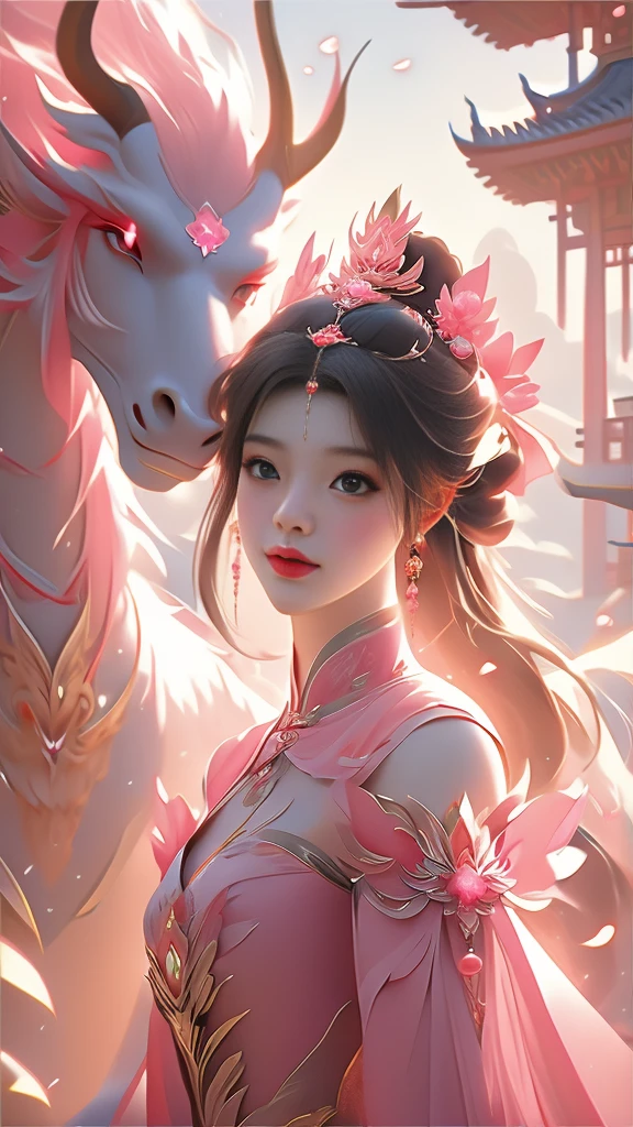 a woman in a pink dress standing next to a pink dragon, chinese fantasy, beautiful fantasy art, xianxia fantasy, very beautiful fantasy art, beautiful digital artwork, a beautiful fantasy empress, digital fantasy art ), amazing fantasy art, fantasy beautiful, breathtaking fantasy art, beautiful fantasy art portrait, dragon girl, ((a beautiful fantasy empress)), fantasy art style