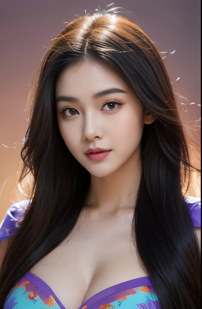 -year-oldutifuirl,plump figure,huge breasts,tube top costume,Her hair is black and beautiful,Have an oval face,Slightly wide face,High cheekbones,red phoenix eye,The jawline is smooth。She has double eyes,Eyelids are a bit thick,Nose high and straight,Small mouth and thick lips。Overall facial features are exquisite and three-dimensional,Smile,Wearing a purple printed robe
