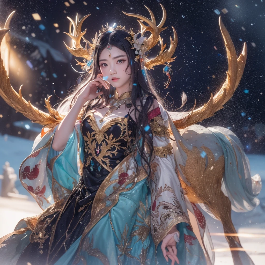 deer角飞天九尾浅蓝天师火焰毛deer星，novel，Torch Night Black Gold Orange Snake Print Silk Trousers，Rouge Diamond Tulle Sheer Lizard Print，Fat girl flying in space in the snow 1:900 miniatures，Front view，pure transparency，put on boxing gloves，佩戴金框反Light太阳镜，Panoramic super wide angle，very happy，Authentic and delicate texture，Strong visual impact，super detailed，dream girl，delicate face型，beautiful eyes，Hair floating in the air， cherry style，Zhou Xiaotong，crystal clear，Good sense of perspective，Light影效果，16KLight滑，surface reflected Light，flowing black hair，Water Goddess 32K，complicated，grace，Very detailed，Gorgeous，digital photography，Autumn Cowboy Shooting，Surrealism，broken ruby，defeat magic，Water magic entanglement，（masterpiece，Light，beautiful eyes：1.2），high dynamic range，void 5 energy storm，(china 1 girl，black eyes:1.5），rouge skin，发Light的皮肤，(sit on stone：1.5），delicate face，black hair，穿上Gorgeous金色铠甲，take off shoulders，deer，short skirt，beautiful golden armor，it&#39;it&#39;It&#39;s raining，beautiful，Don&#39;t look at the audience，Turn your back to the camera，masterpiece，side,side portrait close-up