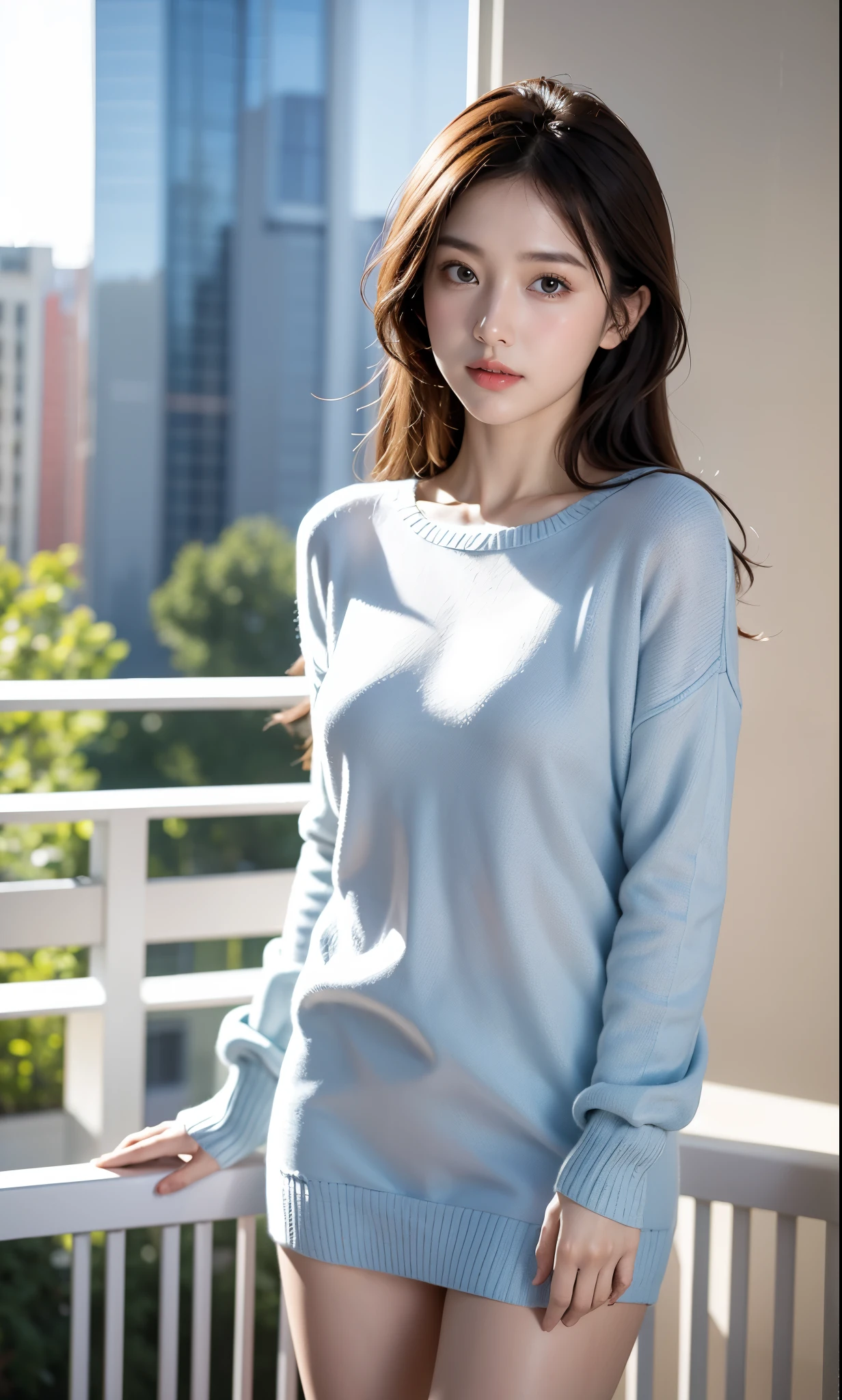 1 beautiful girl, 152 cm, baby blue sweater, realistic, 32k uhd, cute, looking at the viewer, standing on the balcony,