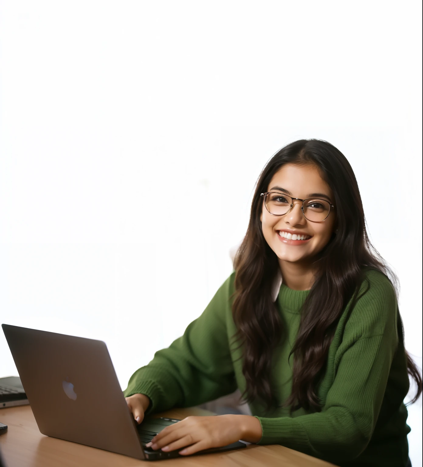 smiling indian woman in blue sweater and glasses sitting at a desk with a laptop, in front of a computer, she is smiling, ad image, subject is smiling, student, slight nerdy smile, sitting at a computer, smiling with confidence, technology, with a happy expression, she is smiling and happy, sitting in front of computer, photo of young woman