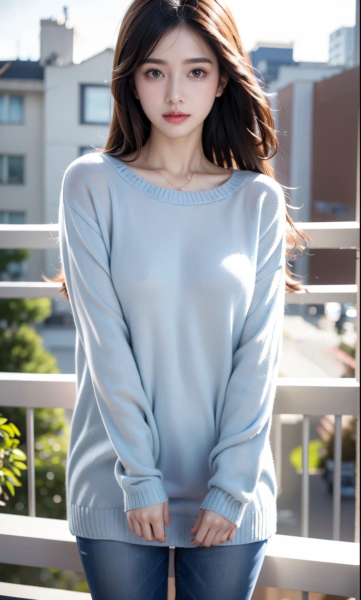 1 beautiful girl, 152 cm, baby blue sweater, realistic, 32k uhd, cute, looking at the viewer, standing on the balcony, 