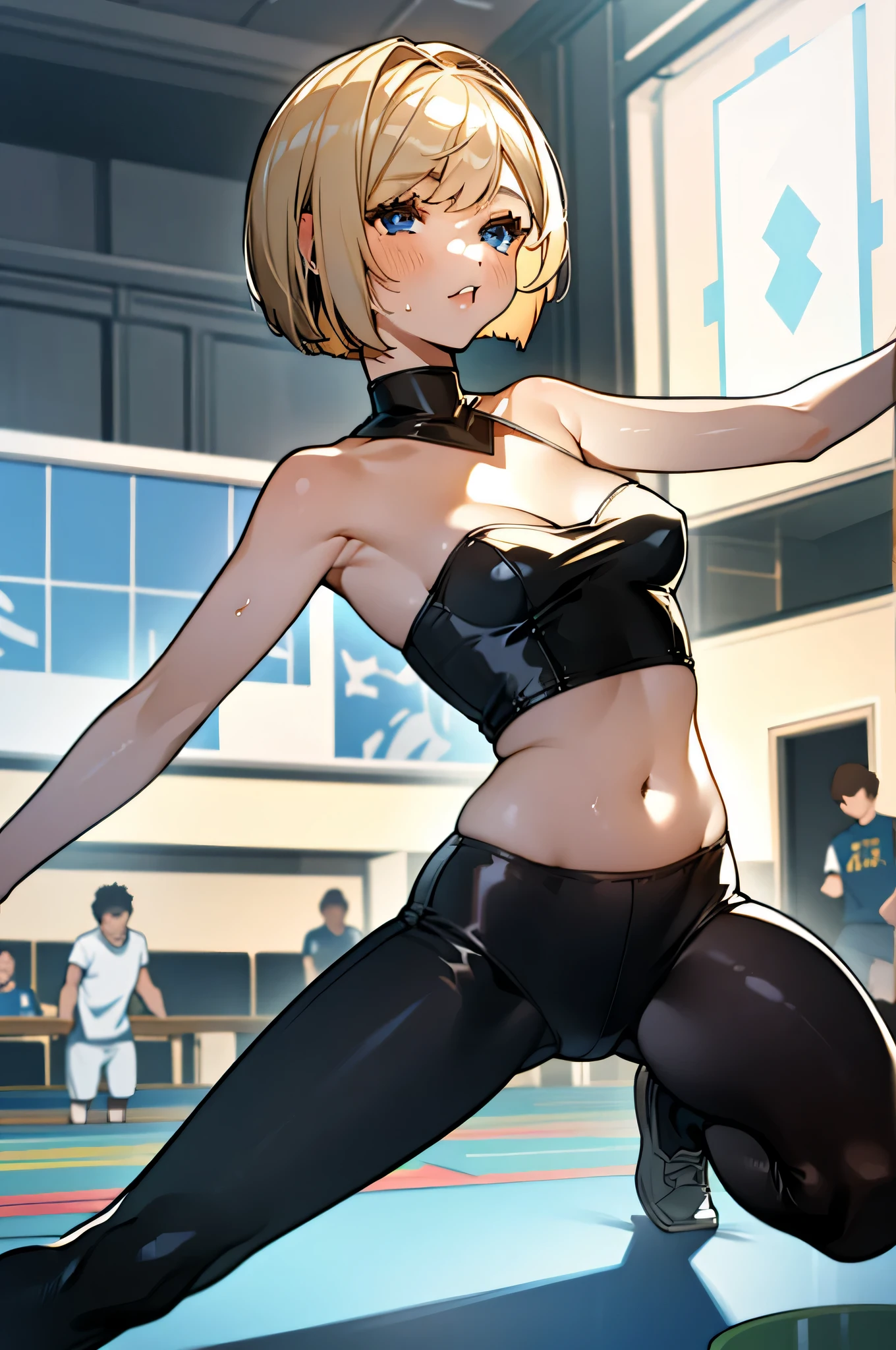 1girl, beautiful, masterpiece, intricately detailed outfit, intricately detailed face, perfect eyes, blue eyes, blonde hair, short hair, bob cut, break dancing, boombox, happy, mouth open, breakdancing, dynamic pose, indoors, studio lights, best quality, high quality, black leggings, white tube top, medium breasts, exposed shoulders, fit,