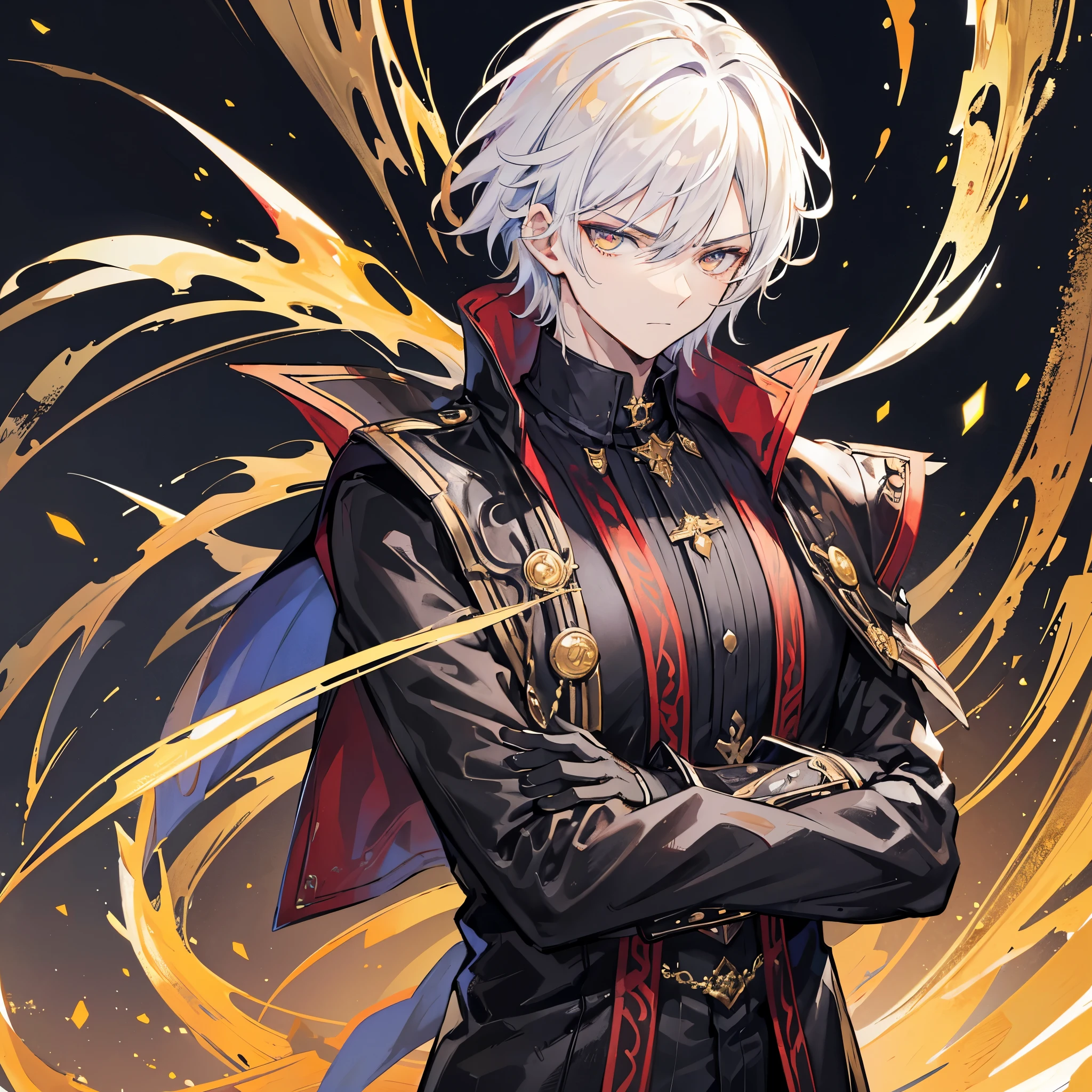 Handsome male, 1male, 17 years old, teenager, golden lining, short white hair, sharp eyes, gold eyes, devil may cry, close up, calm expression, stoic, black leather clothes, black gloves, crossed arms, upper body, looking at viewer, cowboy shot, black dragon background