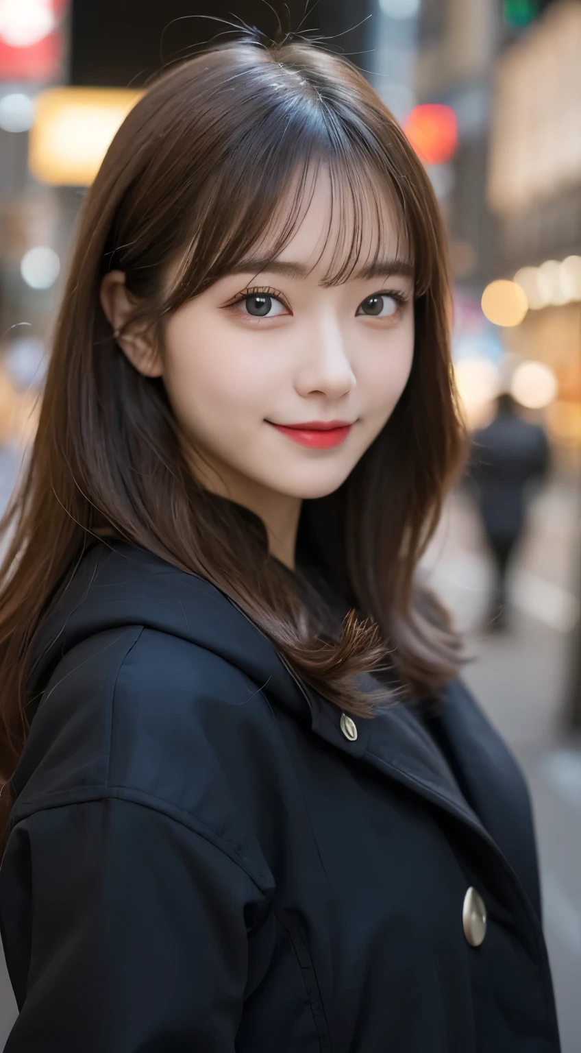 table top, highest quality, shape, Super detailed, finely, High resolution, 8k wallpaper, 完璧なダイナミックな構shape, beautiful and detailed eyes, tokyo trend冬ファッション,tokyo trend&Introducing cute hairstyles at random, small breasts, natural color lip, random sexy pose,cute smile,big city、20 year old girl、beautiful and detailed face、perfect and beautiful face,Big eyes、Wear fluffy black outerwear with fur、beautiful and detailed face、perfect and beautiful double eyelids、blur the background、perfect and beautiful face、Feminine poses、blur the background