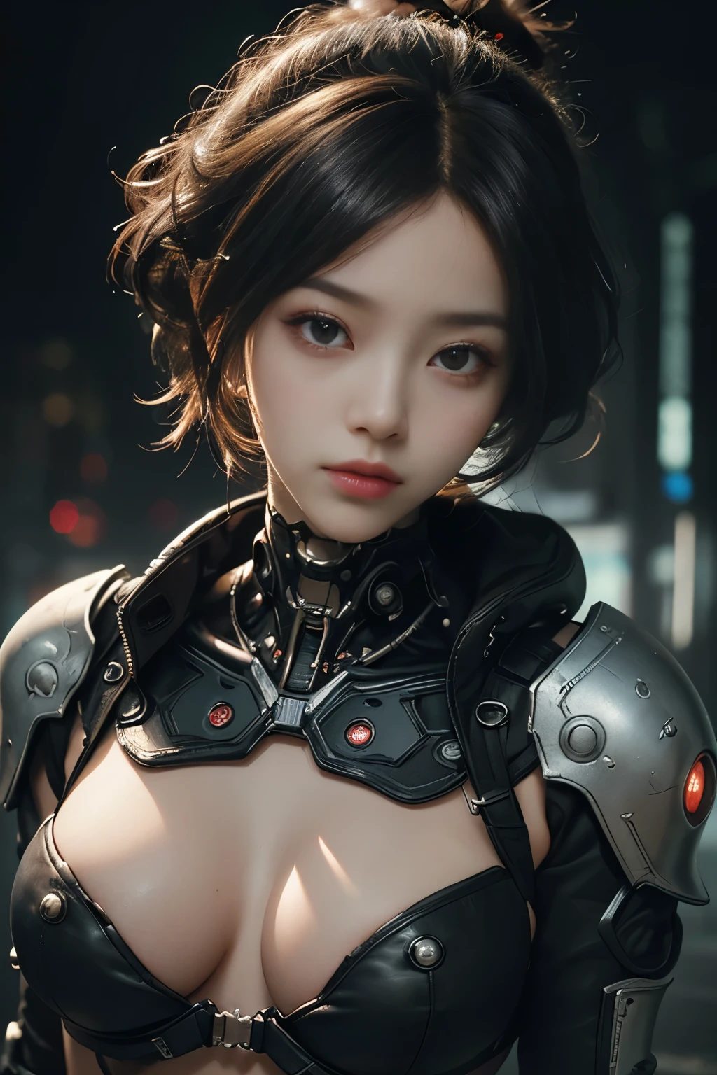 NSFW(((masterpiece))), (((Best Quality))), ((Ultra-detailed)), (extremely detailed photo), ((extremely delicate and beautiful)),(Cute delicate face), an image of cyberpunk, steampunk, sci-fi, cyberpunk fan art, cyberpunk hd wallpaper, cyberpunk art, cyberpunk pics, cyberpunk images, (tall girl, A 35 years old cool Asian girl),solo,short hair,looking at viewer, mecha musume, armor ,(beautiful face and eye), double eyelid,delicate skin,slender body shape,big breast