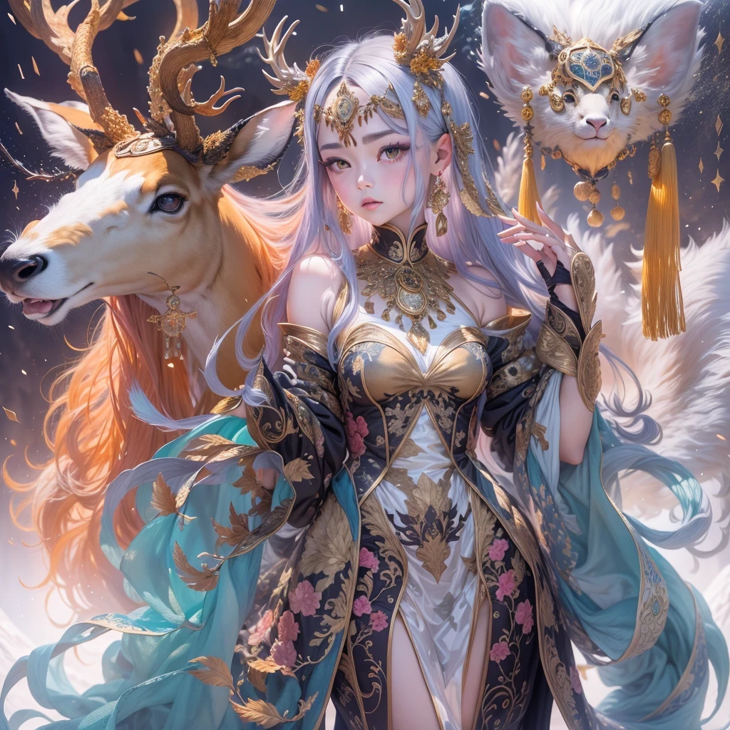 deer角飞天九尾浅蓝天师火焰毛deer星,novel,Torch Night Black Gold Orange Snake Print Silk Trousers,Rouge Diamond Tulle Sheer Lizard Print,Fat girl flying in space in the snow 1:900 miniatures,Front view,pure transparency,put on boxing gloves,佩戴金框反Light太阳镜,Panoramic super wide angle,very happy,Authentic and delicate texture,Strong visual impact,super detailed,dream girl,delicate face型,beautiful eyes,Hair floating in the air, cherry style,Zhou Xiaotong,crystal clear,Good sense of perspective,Light影效果,16KLight滑,surface reflected Light,flowing black hair,Water Goddess 32K,complicated,grace,Very detailed,Gorgeous,digital photography,Autumn Cowboy Shooting,Surrealism,broken ruby,defeat magic,Water magic entanglement,(masterpiece,Light,beautiful eyes:1.2),high dynamic range,void 5 energy storm,(china 1 girl,black eyes:1.5),rouge skin,发Light的皮肤,(sit on stone:1.5),delicate face,black hair,穿上Gorgeous金色铠甲,take off shoulders,deer,short skirt,beautiful golden armor,it'it'It's raining,beautiful,Don't look at the audience,Turn your back to the camera,masterpiece,side,side portrait close-up