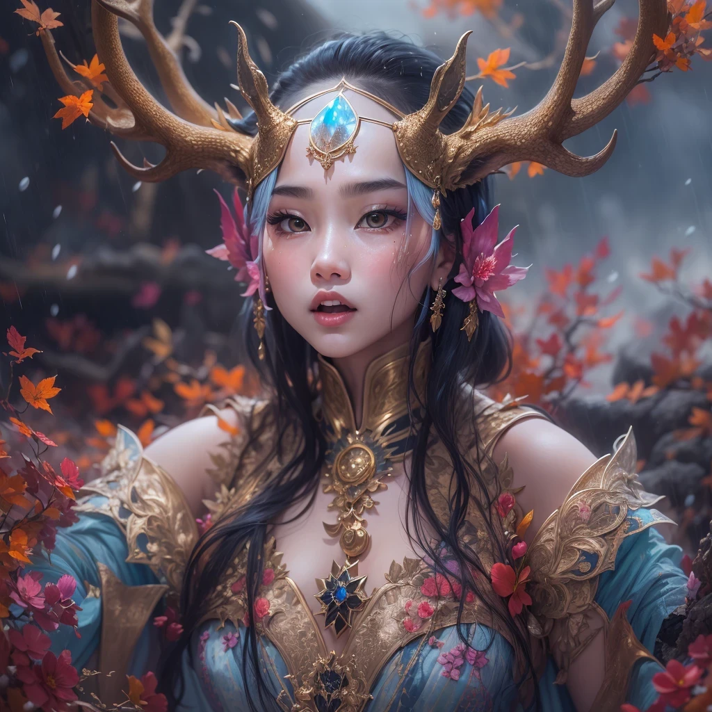 deer角飞天九尾浅蓝天师火焰毛deer星,novel,Torch Night Black Gold Orange Snake Print Silk Trousers,Rouge Diamond Tulle Sheer Lizard Print,Fat girl flying in space in the snow 1:900 miniatures,Front view,pure transparency,put on boxing gloves,佩戴金框反Light太阳镜,Panoramic super wide angle,very happy,Authentic and delicate texture,Strong visual impact,super detailed,dream girl,delicate face型,beautiful eyes,Hair floating in the air, cherry style,Zhou Xiaotong,crystal clear,Good sense of perspective,Light影效果,16KLight滑,surface reflected Light,flowing black hair,Water Goddess 32K,complicated,grace,Very detailed,Gorgeous,digital photography,Autumn Cowboy Shooting,Surrealism,broken ruby,defeat magic,Water magic entanglement,(masterpiece,Light,beautiful eyes:1.2),high dynamic range,void 5 energy storm,(china 1 girl,black eyes:1.5),rouge skin,发Light的皮肤,(sit on stone:1.5),delicate face,black hair,穿上Gorgeous金色铠甲,take off shoulders,deer,short skirt,beautiful golden armor,it'it'It's raining,beautiful,Don't look at the audience,Turn your back to the camera,masterpiece,side,side portrait close-up