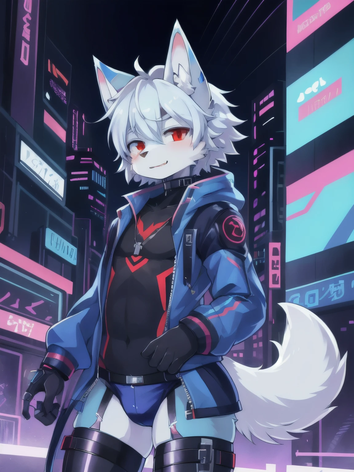 masterpiece, perfect anatomy, solo, 1boy, Furry, kemono, furry wolf, anthropomorphic, male, silver fur, silver skin, red eyes, femboy, cyberpunk clothes, revealing clothes, ((blue clothing)), cyberpunk city, strip club, uploaded on e621, Cyberpunk technology. cybernetics,