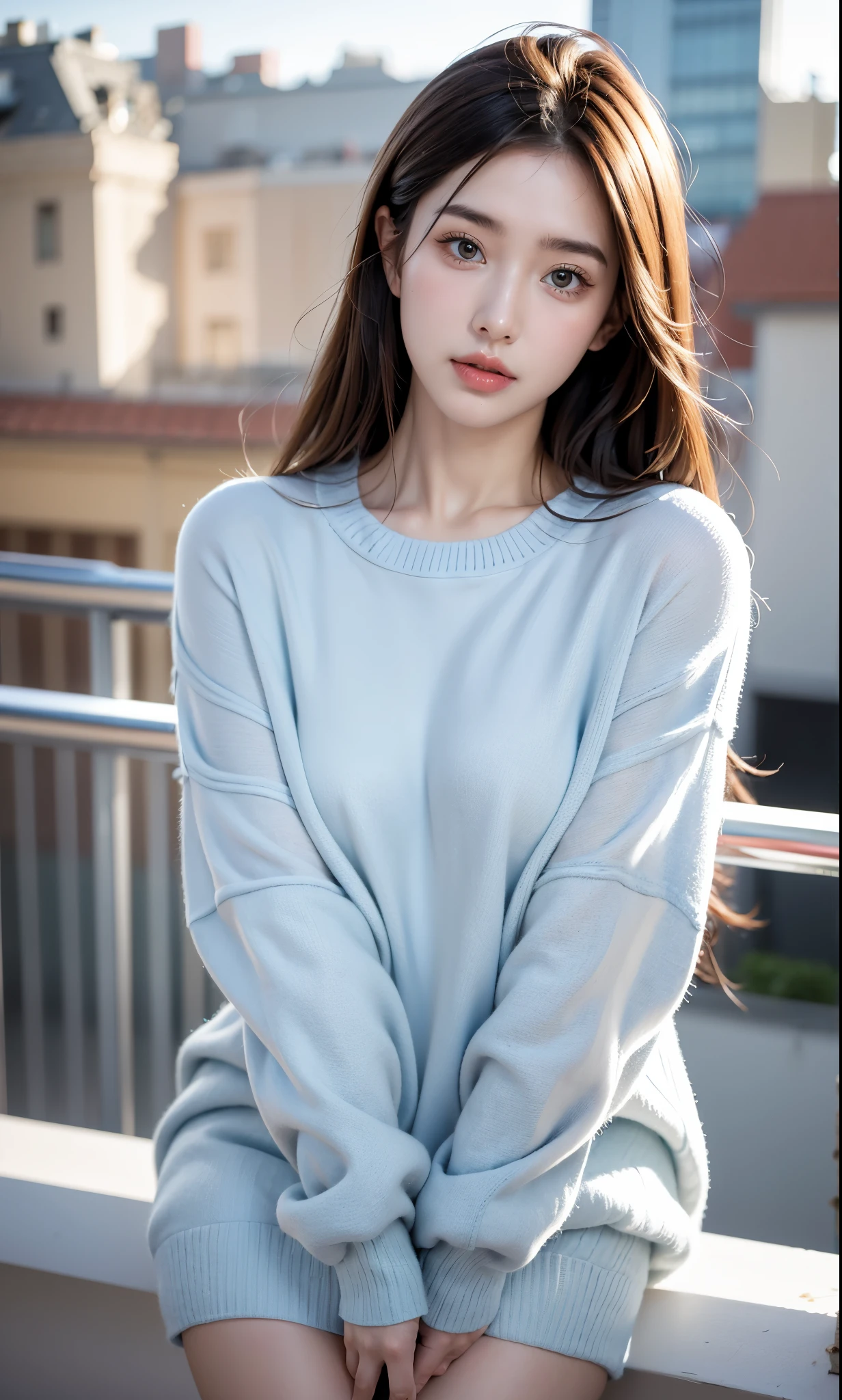 1 beautiful girl, 152 cm, blue sweater, realistic, 32k uhd, cute, looking at the viewer, standing on the balcony, pretty eyes, beautiful lips,