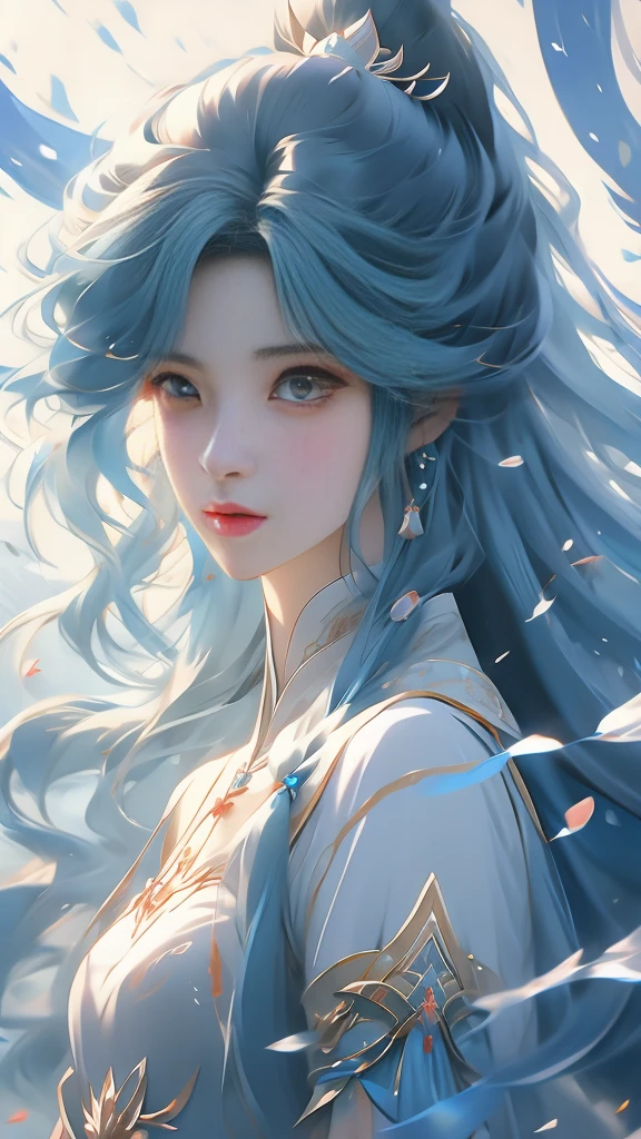 anime girl with long hair and a white shirt and a blue wolf, alice x. zhang, beautiful character painting, fantasy art style, by Yang J, inspired by Sim Sa-jeong, trending on cgstation, stunning art style, inspired by Ai Xuan, in the art style of bowater, trending on artstration, trending artgerm
