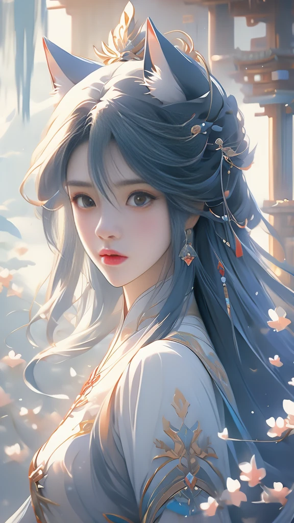anime girl with long hair and a white shirt and a blue wolf, alice x. zhang, beautiful character painting, fantasy art style, by Yang J, inspired by Sim Sa-jeong, trending on cgstation, stunning art style, inspired by Ai Xuan, in the art style of bowater, trending on artstration, trending artgerm