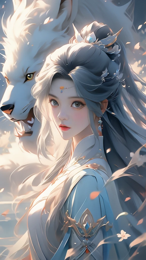 anime girl with long hair and a white shirt and a blue wolf, alice x. zhang, beautiful character painting, fantasy art style, by Yang J, inspired by Sim Sa-jeong, trending on cgstation, stunning art style, inspired by Ai Xuan, in the art style of bowater, trending on artstration, trending artgerm