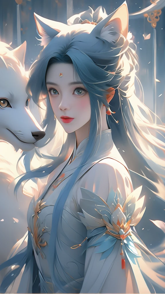 anime girl with long hair and a white shirt and a blue wolf, alice x. zhang, beautiful character painting, fantasy art style, by Yang J, inspired by Sim Sa-jeong, trending on cgstation, stunning art style, inspired by Ai Xuan, in the art style of bowater, trending on artstration, trending artgerm
