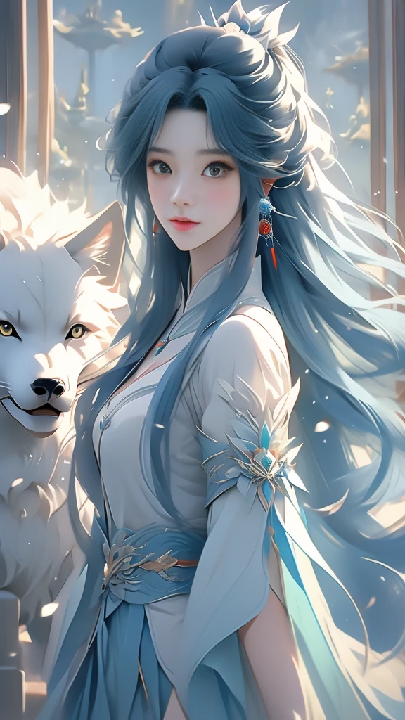 anime girl with long hair and a white shirt and a blue wolf, alice x. zhang, beautiful character painting, fantasy art style, by Yang J, inspired by Sim Sa-jeong, trending on cgstation, stunning art style, inspired by Ai Xuan, in the art style of bowater, trending on artstration, trending artgerm