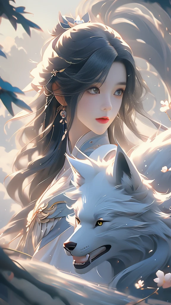 anime girl with long hair and a white shirt and a blue wolf, alice x. zhang, beautiful character painting, fantasy art style, by Yang J, inspired by Sim Sa-jeong, trending on cgstation, stunning art style, inspired by Ai Xuan, in the art style of bowater, trending on artstration, trending artgerm