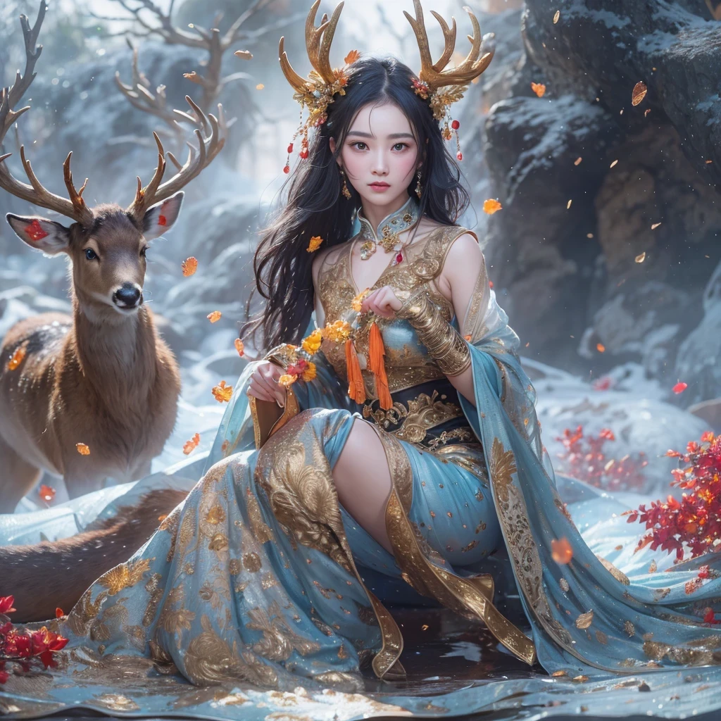 deer角飞天九尾浅蓝天师火焰毛deer星，novel，Torch Night Black Gold Orange Snake Print Silk Trousers，Rouge Diamond Tulle Sheer Lizard Print，Fat girl flying in space in the snow 1:900 miniatures，Front view，pure transparency，put on boxing gloves，佩戴金框反Light太阳镜，Panoramic super wide angle，very happy，Authentic and delicate texture，Strong visual impact，super detailed，dream girl，delicate face型，beautiful eyes，Hair floating in the air， cherry style，Zhou Xiaotong，crystal clear，Good sense of perspective，Light影效果，16KLight滑，surface reflected Light，flowing black hair，Water Goddess 32K，complicated，grace，Very detailed，Gorgeous，digital photography，Autumn Cowboy Shooting，Surrealism，broken ruby，defeat magic，Water magic entanglement，（masterpiece，Light，beautiful eyes：1.2），high dynamic range，void 5 energy storm，(china 1 girl，black eyes:1.5），rouge skin，发Light的皮肤，(sit on stone：1.5），delicate face，black hair，穿上Gorgeous金色铠甲，take off shoulders，deer，short skirt，beautiful golden armor，it&#39;it&#39;It&#39;s raining，beautiful，Don&#39;t look at the audience，Turn your back to the camera，masterpiece，side,side portrait close-up