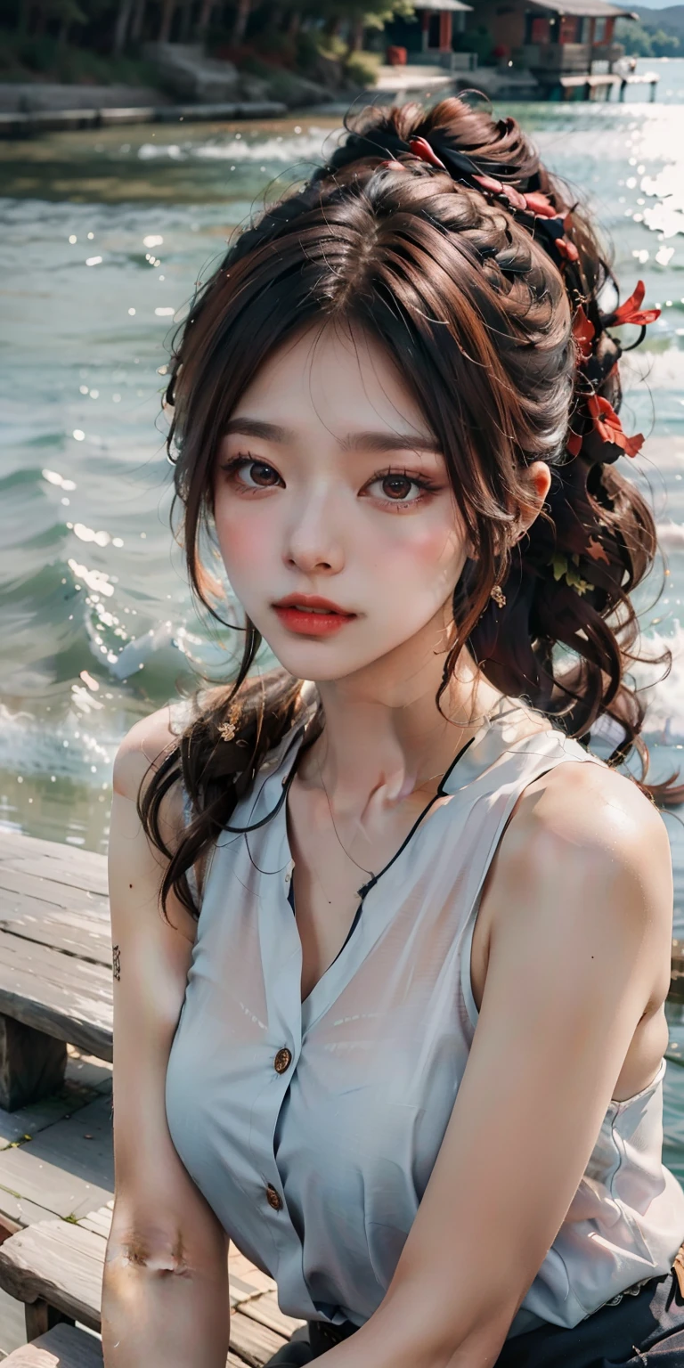 spring dusk,Gentle goddess sitting on a bench by the lake。She caressed the rippling waves on the lake,轻轻地吹动额前放射的long hair。Enjoy the caress of the breeze,A peaceful and comfortable temperature fills the heart。,masterpiece,,8K ultra-high resolution,(Beauty perspective,Upper body:1.5)),Reddish-brown hair,long hair,high ponytail hairstyle,red headdress,red eyes,red eyes,huge