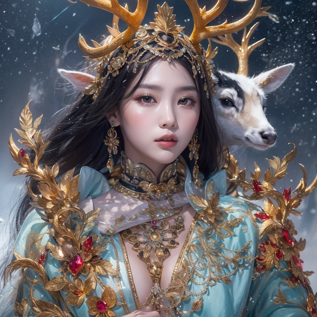 deer角飞天九尾浅蓝天师火焰毛deer星,novel,Torch Night Black Gold Orange Snake Print Silk Trousers,Rouge Diamond Tulle Sheer Lizard Print,Fat girl flying in space in the snow 1:900 miniatures,Front view,pure transparency,put on boxing gloves,佩戴金框反Light太阳镜,Panoramic super wide angle,very happy,Authentic and delicate texture,Strong visual impact,super detailed,dream girl,delicate face型,beautiful eyes,Hair floating in the air, cherry style,Zhou Xiaotong,crystal clear,Good sense of perspective,Light影效果,16KLight滑,surface reflected Light,flowing black hair,Water Goddess 32K,complicated,grace,Very detailed,Gorgeous,digital photography,Autumn Cowboy Shooting,Surrealism,broken ruby,defeat magic,Water magic entanglement,(masterpiece,Light,beautiful eyes:1.2),high dynamic range,void 5 energy storm,(china 1 girl,black eyes:1.5),rouge skin,发Light的皮肤,(sit on stone:1.5),delicate face,black hair,穿上Gorgeous金色铠甲,take off shoulders,deer,short skirt,beautiful golden armor,it'it'It's raining,beautiful,Don't look at the audience,Turn your back to the camera,masterpiece,side,side portrait close-up