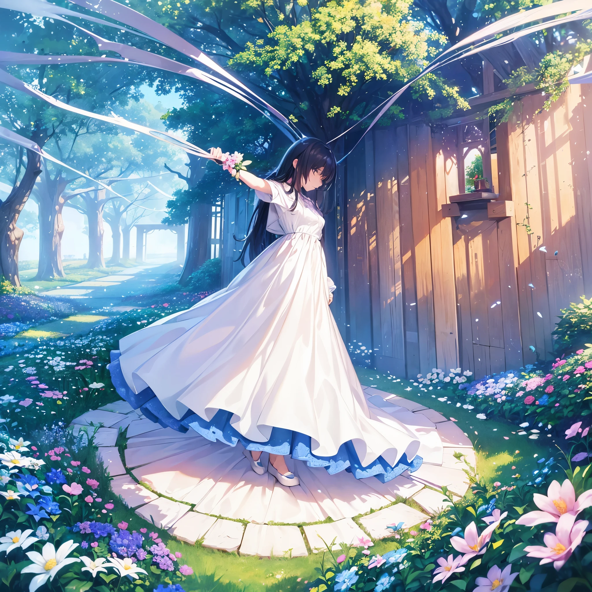 There is a girl Standing in a flower garden looking up at the sky, a girl Standing in a flower garden, girl walking in a flower field, I wandered into a dream-like wonderland, Standing in a flower garden, amazing digital paintings, The sky is empty々It will be sunny in, The starry sky is slowly々moving away from