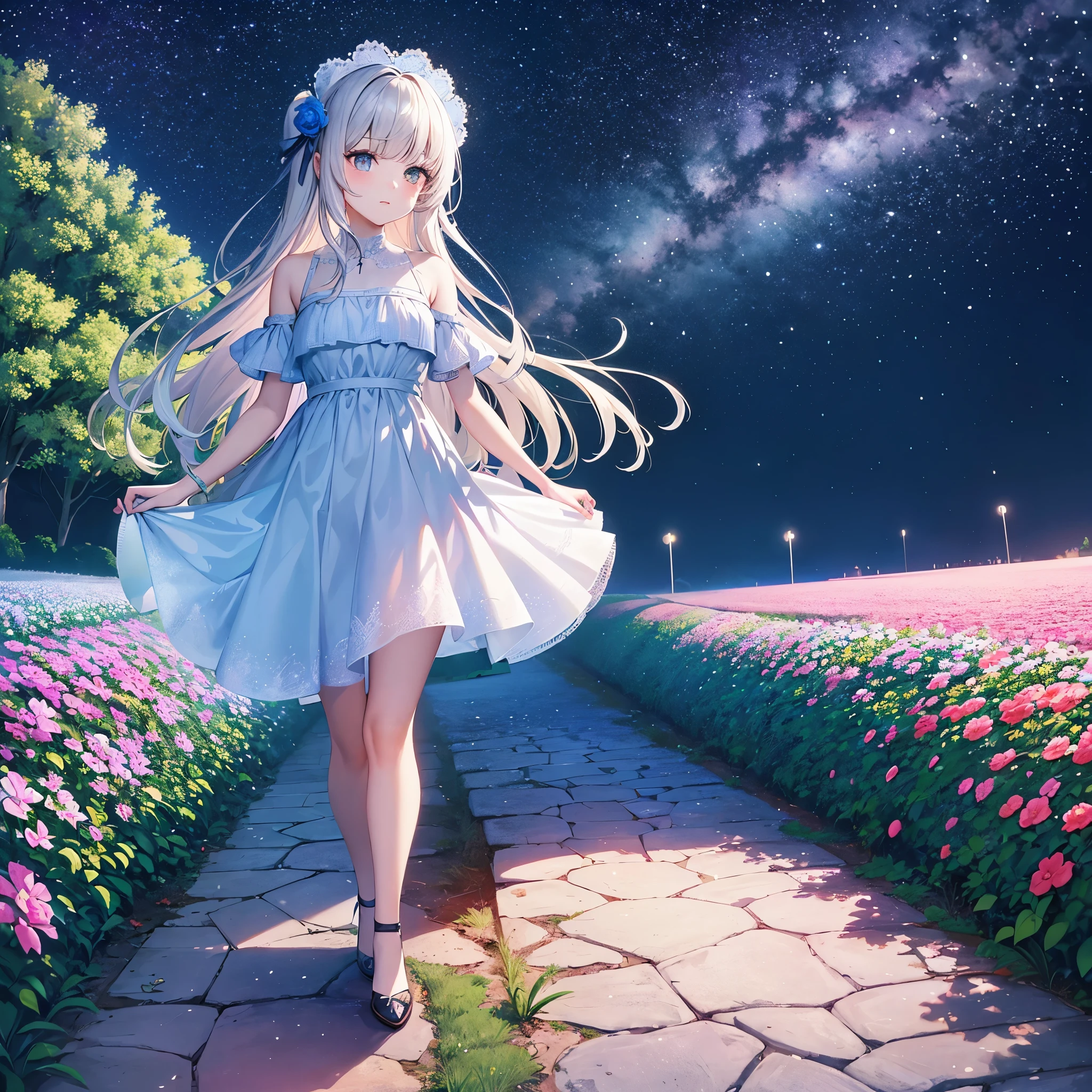 There is a girl Standing in a flower garden looking up at the sky, a girl Standing in a flower garden, girl walking in a flower field, I wandered into a dream-like wonderland, Standing in a flower garden, amazing digital paintings, The sky is empty々It will be sunny in, The starry sky is slowly々moving away from
