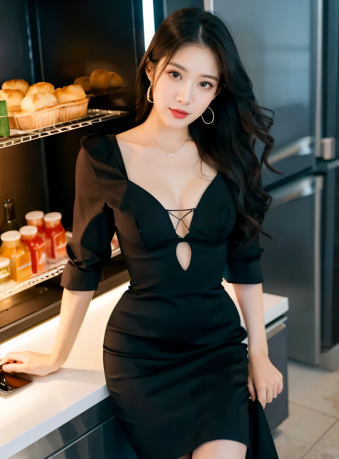 araffe woman in a black dress standing in front of a refrigerator, wearing a tight black dress, wearing black dress, wearing a black dress, wearing a cocktail dress, korean women's fashion model, she is wearing a black dress, gorgeous young korean woman, wearing an elegant dress, anime girl wearing a black dress, beautiful south korean woman, black dress