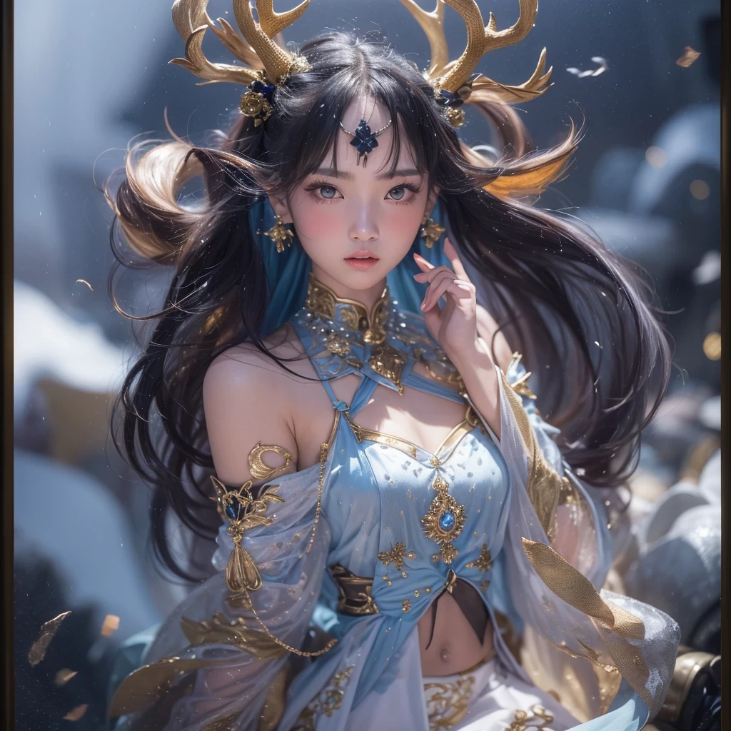 deer角飞天九尾浅蓝天师火焰毛deer星,novel,Torch Night Black Gold Orange Snake Print Silk Trousers,Rouge Diamond Tulle Sheer Lizard Print,Fat girl flying in space in the snow 1:900 miniatures,Front view,pure transparency,put on boxing gloves,佩戴金框反Light太阳镜,Panoramic super wide angle,very happy,Authentic and delicate texture,Strong visual impact,super detailed,dream girl,delicate face型,beautiful eyes,Hair floating in the air, cherry style,Zhou Xiaotong,crystal clear,Good sense of perspective,Light影效果,16KLight滑,surface reflected Light,flowing black hair,Water Goddess 32K,complicated,grace,Very detailed,Gorgeous,digital photography,Autumn Cowboy Shooting,Surrealism,broken ruby,defeat magic,Water magic entanglement,(masterpiece,Light,beautiful eyes:1.2),high dynamic range,void 5 energy storm,(china 1 girl,black eyes:1.5),rouge skin,发Light的皮肤,(sit on stone:1.5),delicate face,black hair,穿上Gorgeous金色铠甲,take off shoulders,deer,short skirt,beautiful golden armor,it'it'It's raining,beautiful,Don't look at the audience,Turn your back to the camera,masterpiece,side,side portrait close-up