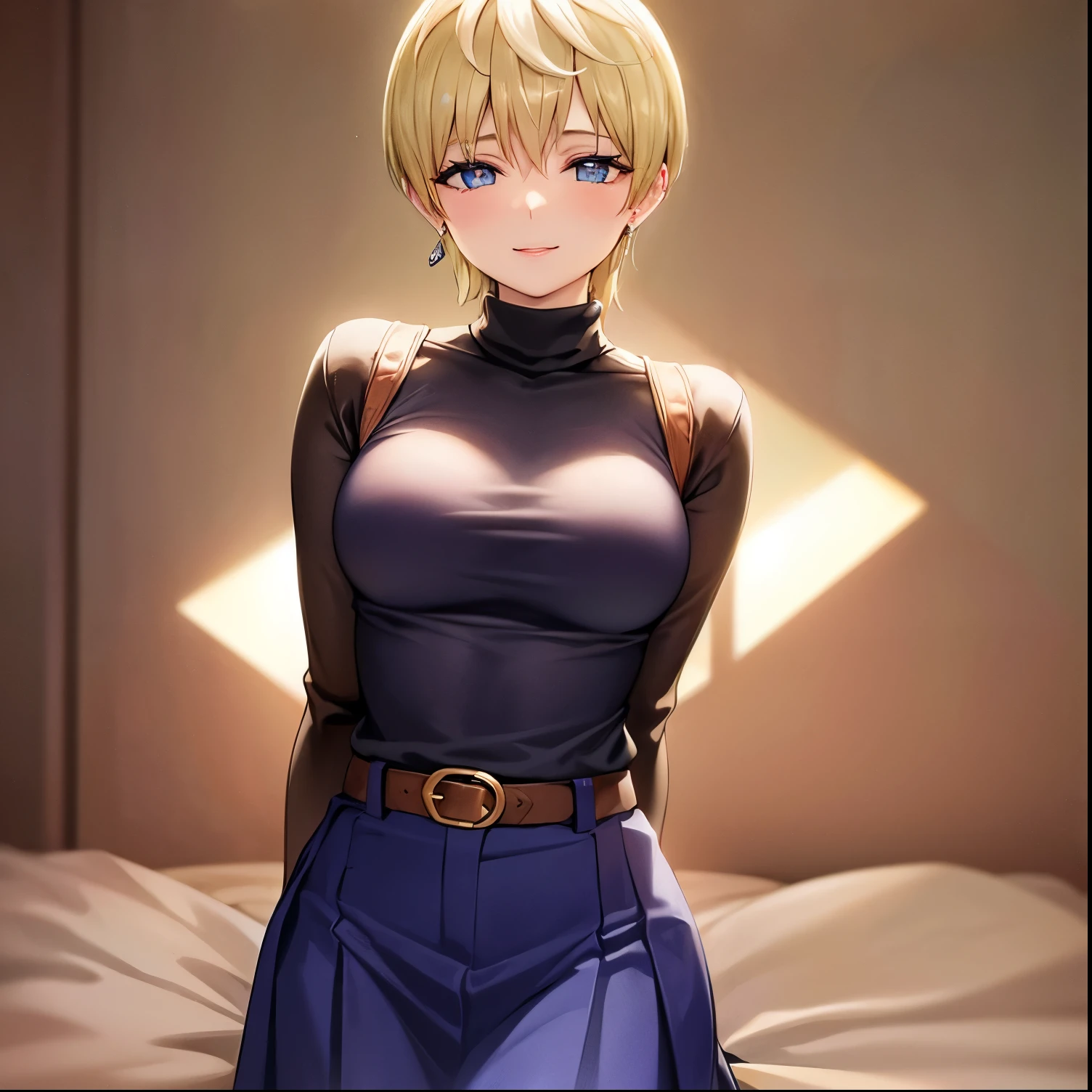 
1girl,alone,Tenka izumo, short hair, blue eyes, blonde hair, smile,
 skirt, long sleeves, jewelry, pantyhose, earrings, vest, sweater, turtleneck, turtleneck sweater,
 indoors, bed,
 looking at viewer, (cowboy shot:1.5), (masterpiece:1.2), best quality, high resolution, unity 8k wallpaper, (illustration:0.8), (beautiful detailed eyes:1.6), extremely detailed face, perfect lighting, extremely detailed CG, (perfect hands, perfect anatomy),