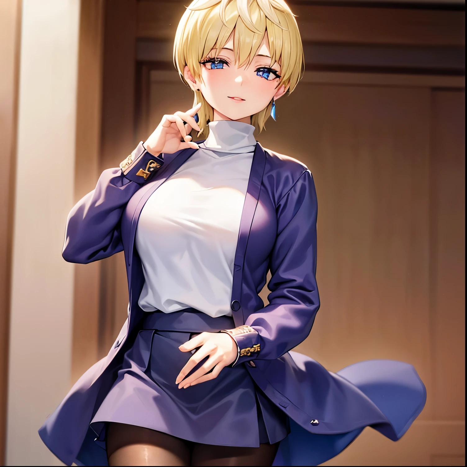 
1girl,alone,Tenka izumo, short hair, blue eyes, blonde hair, smile,
 skirt, long sleeves, jewelry, pantyhose, earrings, vest, sweater, turtleneck, turtleneck sweater,
 indoors, bed,
 looking at viewer, (cowboy shot:1.5), (masterpiece:1.2), best quality, high resolution, unity 8k wallpaper, (illustration:0.8), (beautiful detailed eyes:1.6), extremely detailed face, perfect lighting, extremely detailed CG, (perfect hands, perfect anatomy),